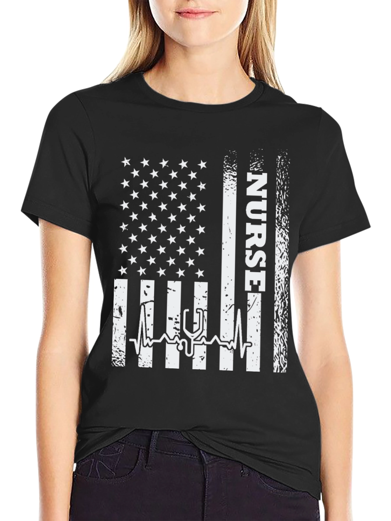 Nurse American Flag Graphic Tee - Black