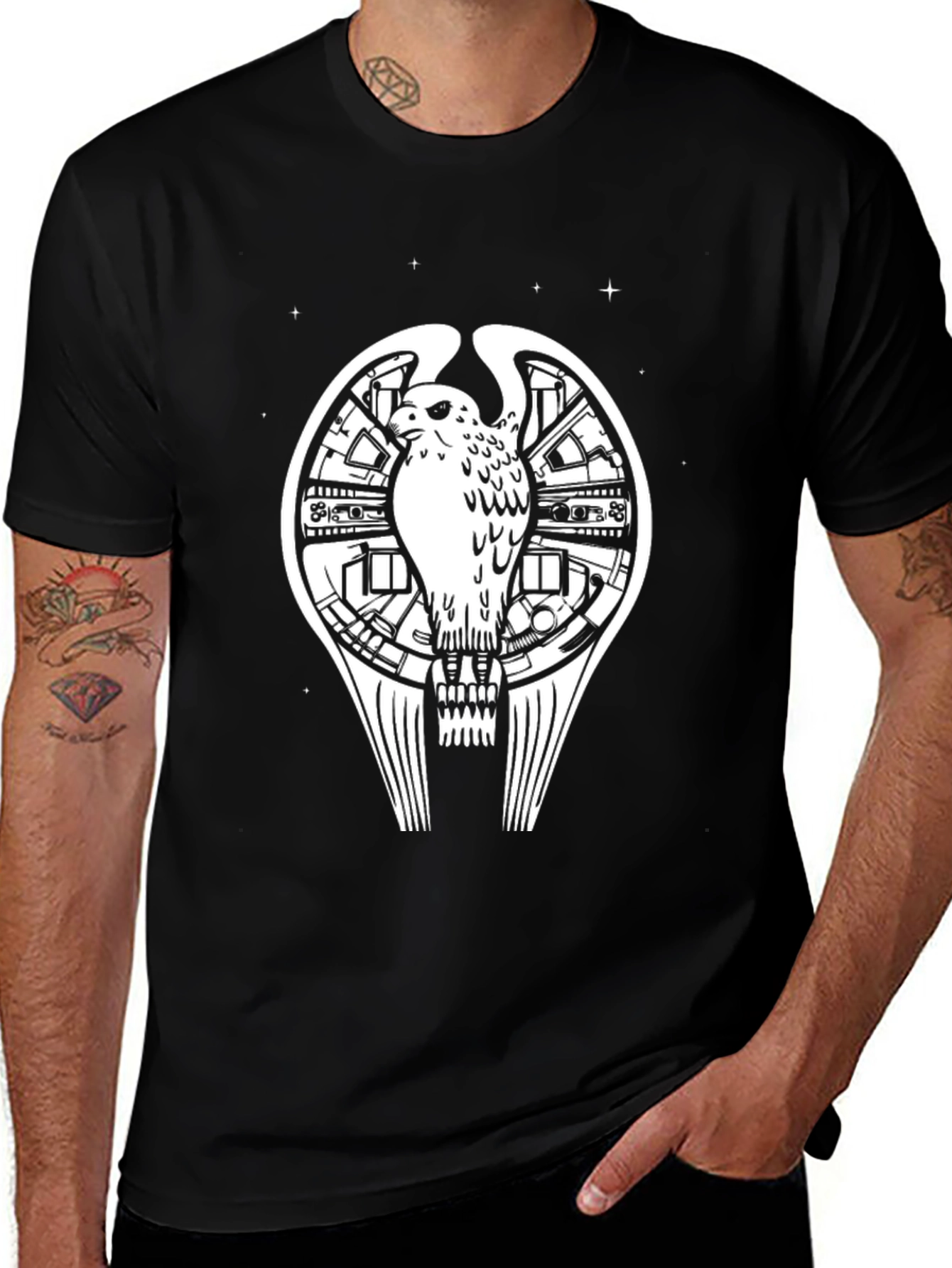 Mens Black Graphic T-Shirt - Bird & Sci-Fi Design