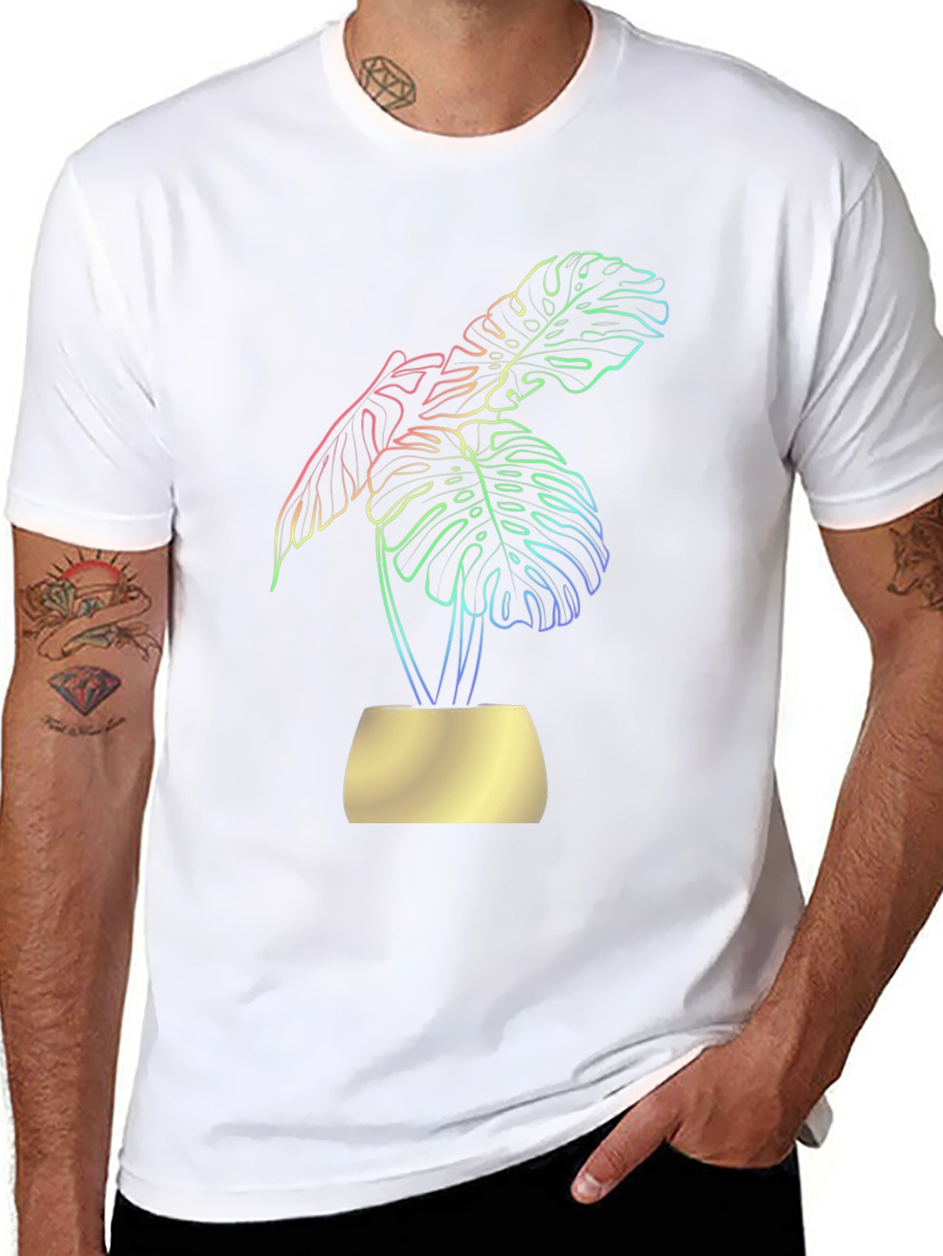 Stylish Black T-Shirt with Vibrant Monstera Leaf Design