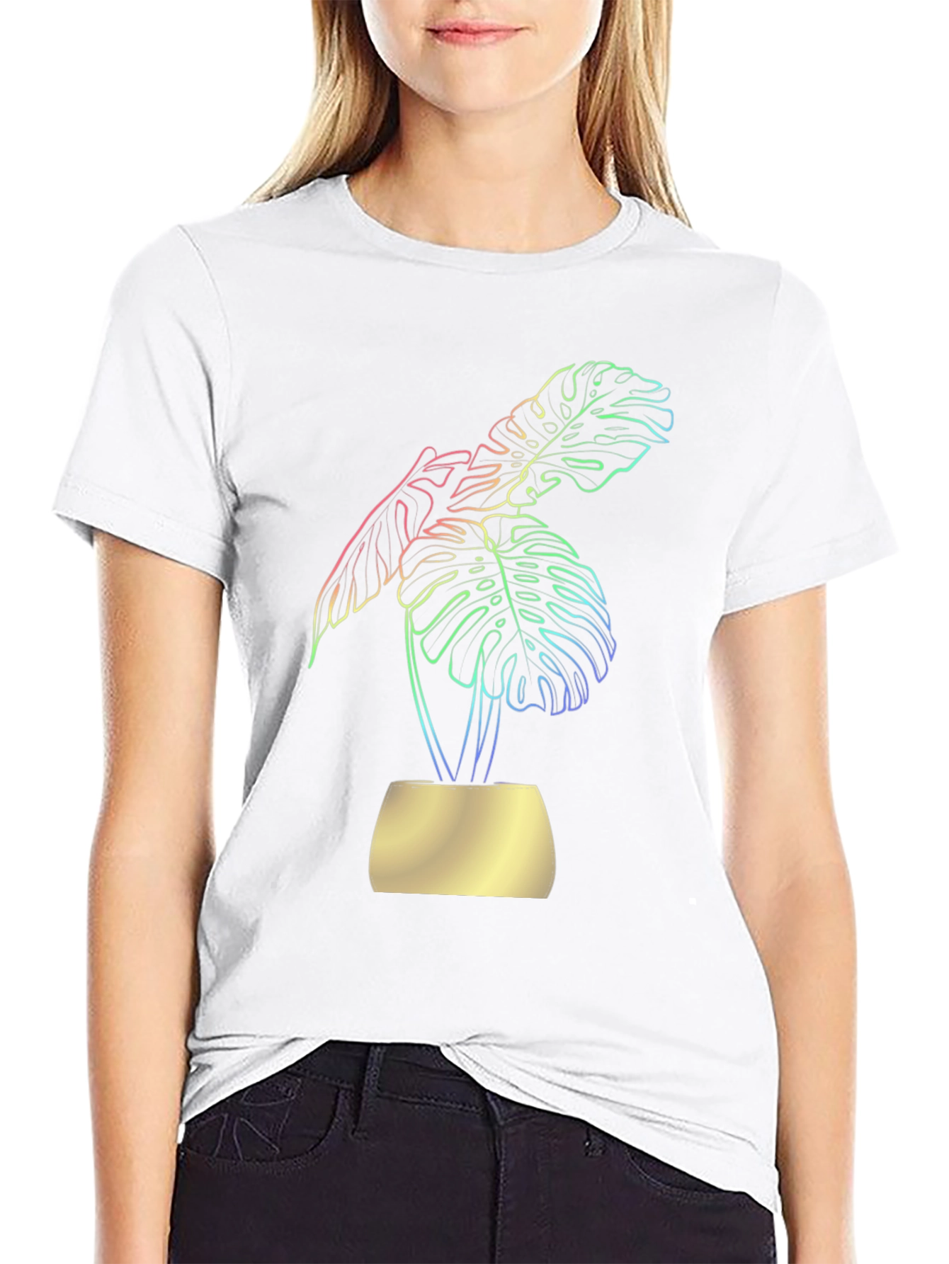 Stylish Black T-Shirt with Vibrant Monstera Leaf Design