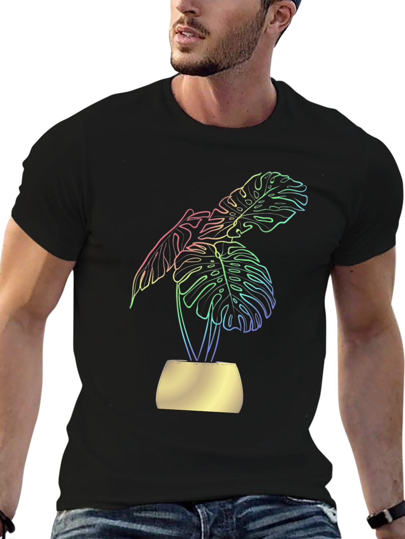 Stylish Black T-Shirt with Vibrant Monstera Leaf Design