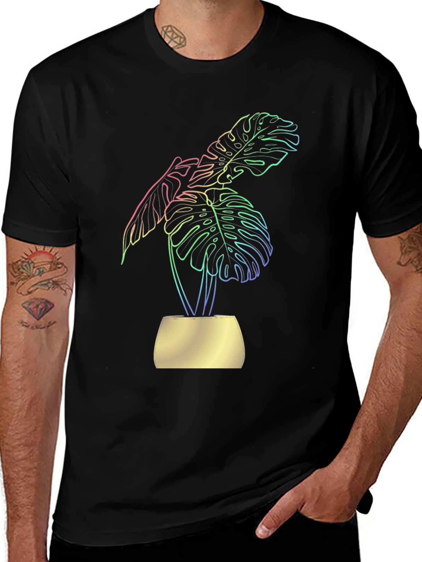 Stylish Black T-Shirt with Vibrant Monstera Leaf Design