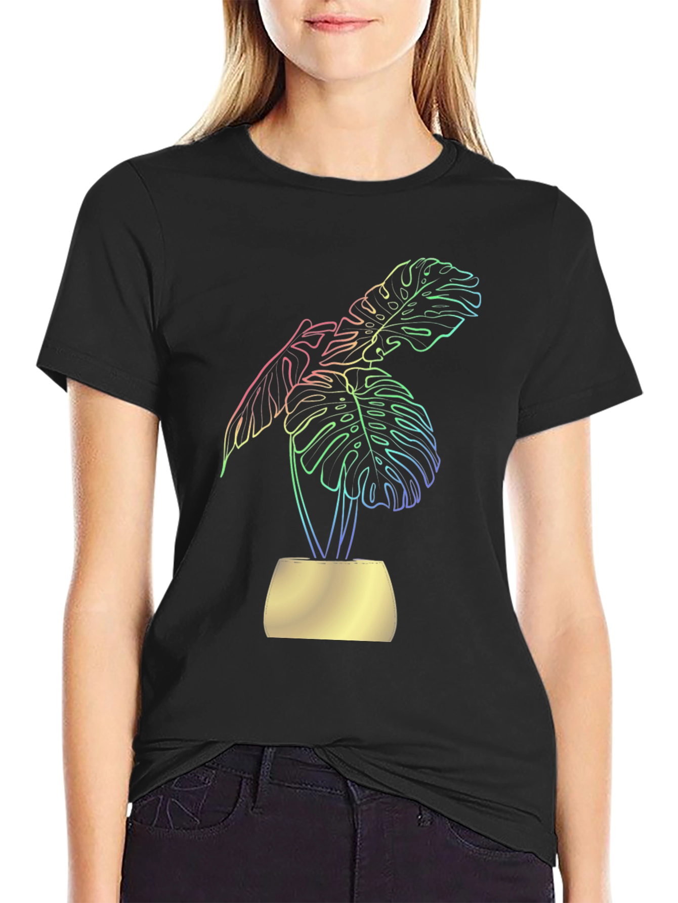 Stylish Black T-Shirt with Vibrant Monstera Leaf Design