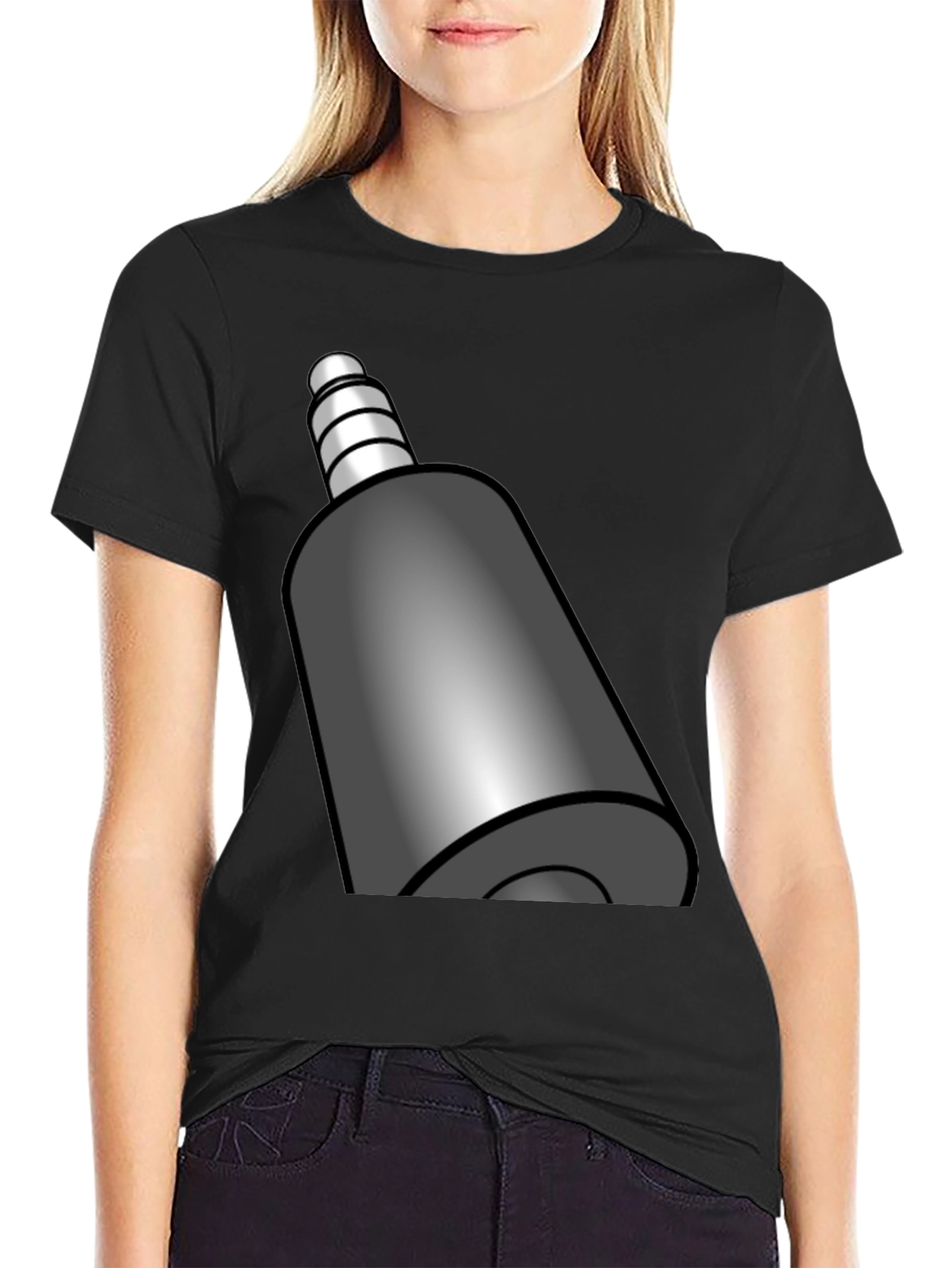 Black T-Shirt with Funky Audio Jack Graphic