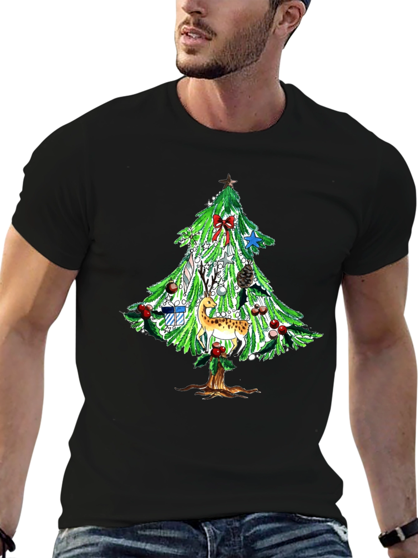 Festive Christmas Tree Deer Graphic Tee