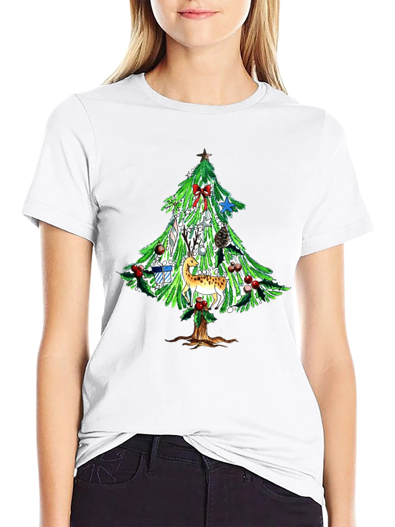 Festive Christmas Tree Deer Graphic Tee