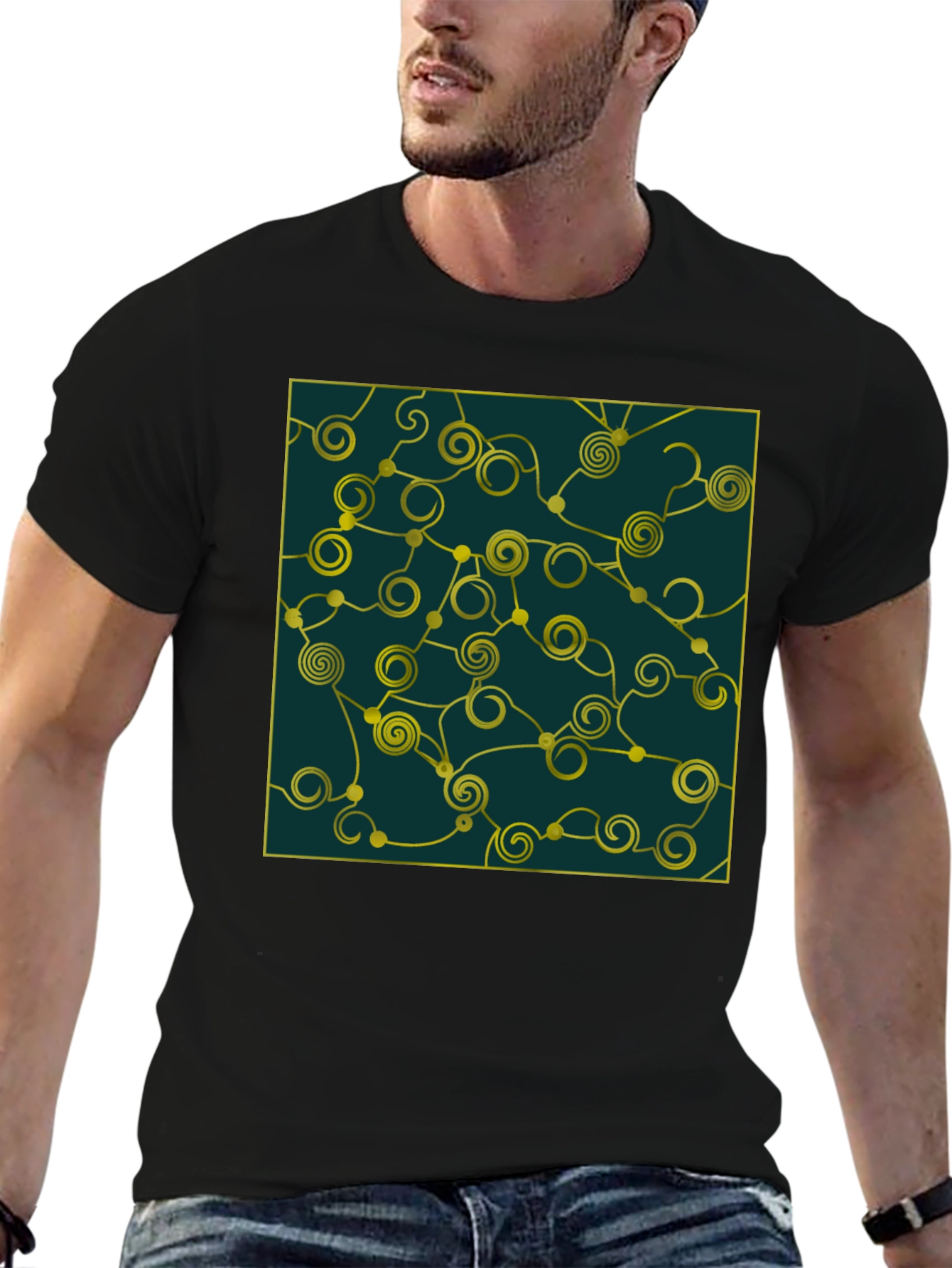 Abstract Swirl Design Tee - Black Cotton