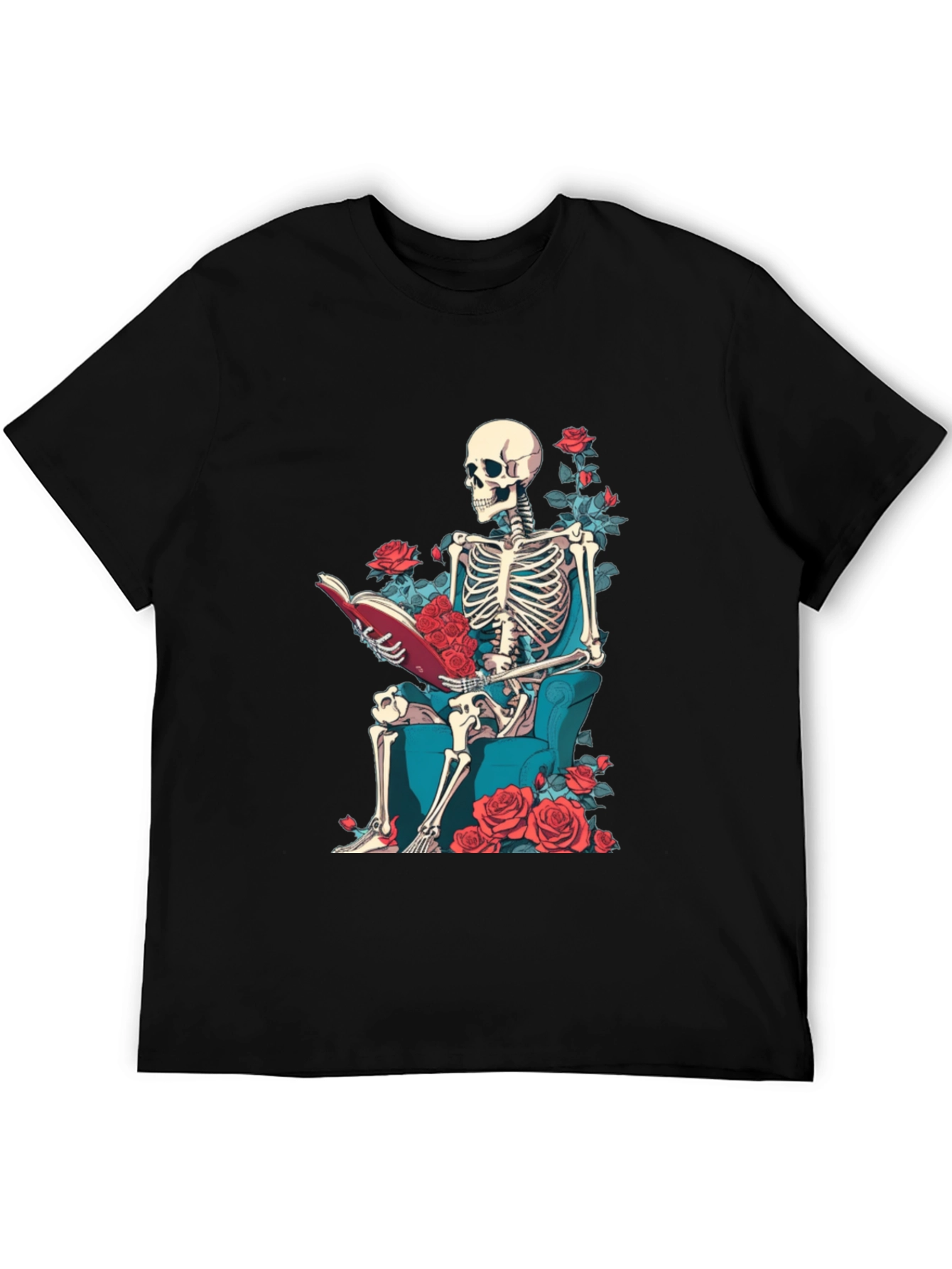 Skeleton Reading Roses T-Shirt - Artistic Design