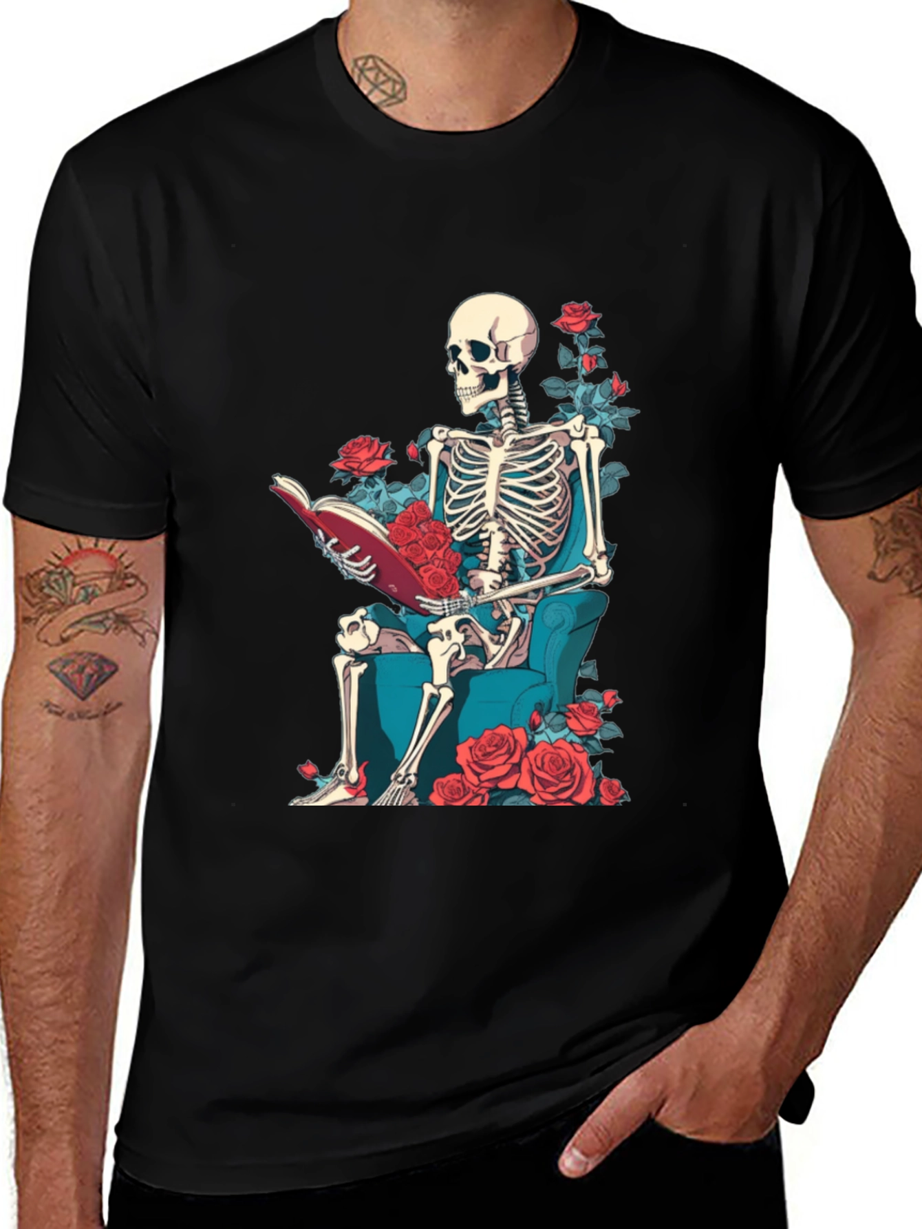 Skeleton Reading Roses T-Shirt - Artistic Design