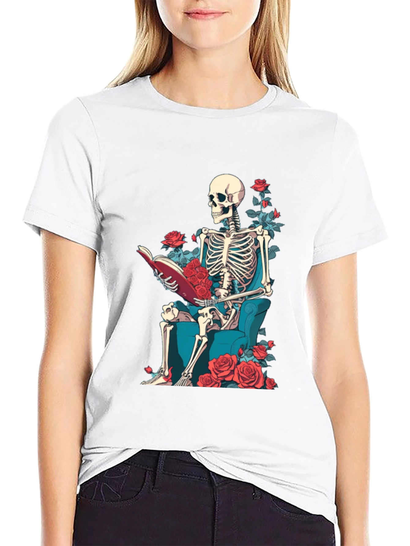 Skeleton Reading Roses T-Shirt - Artistic Design