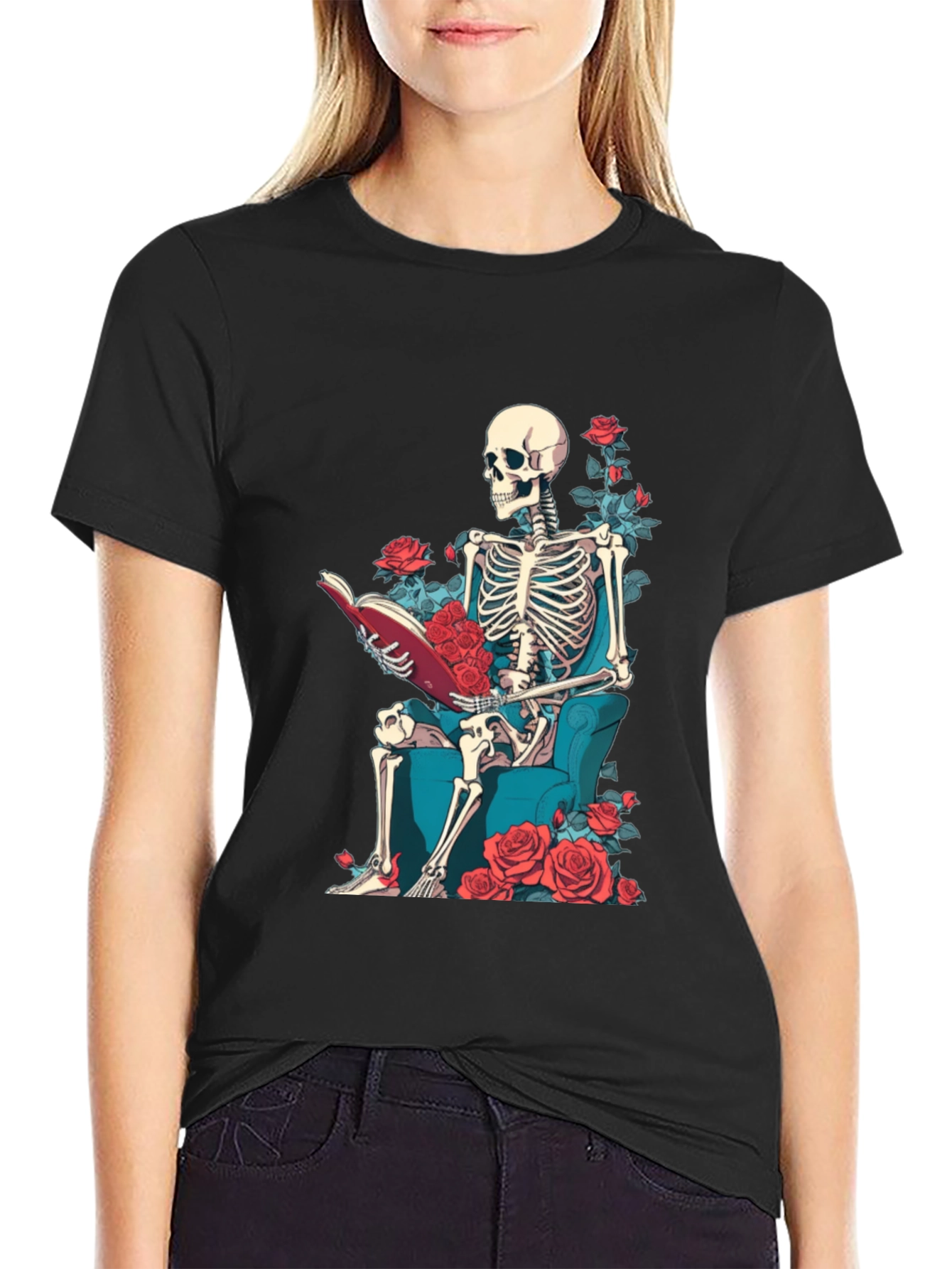 Skeleton Reading Roses T-Shirt - Artistic Design