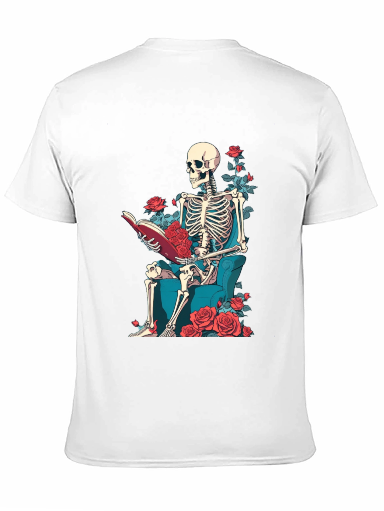 Skeleton Reading Roses T-Shirt - Artistic Design