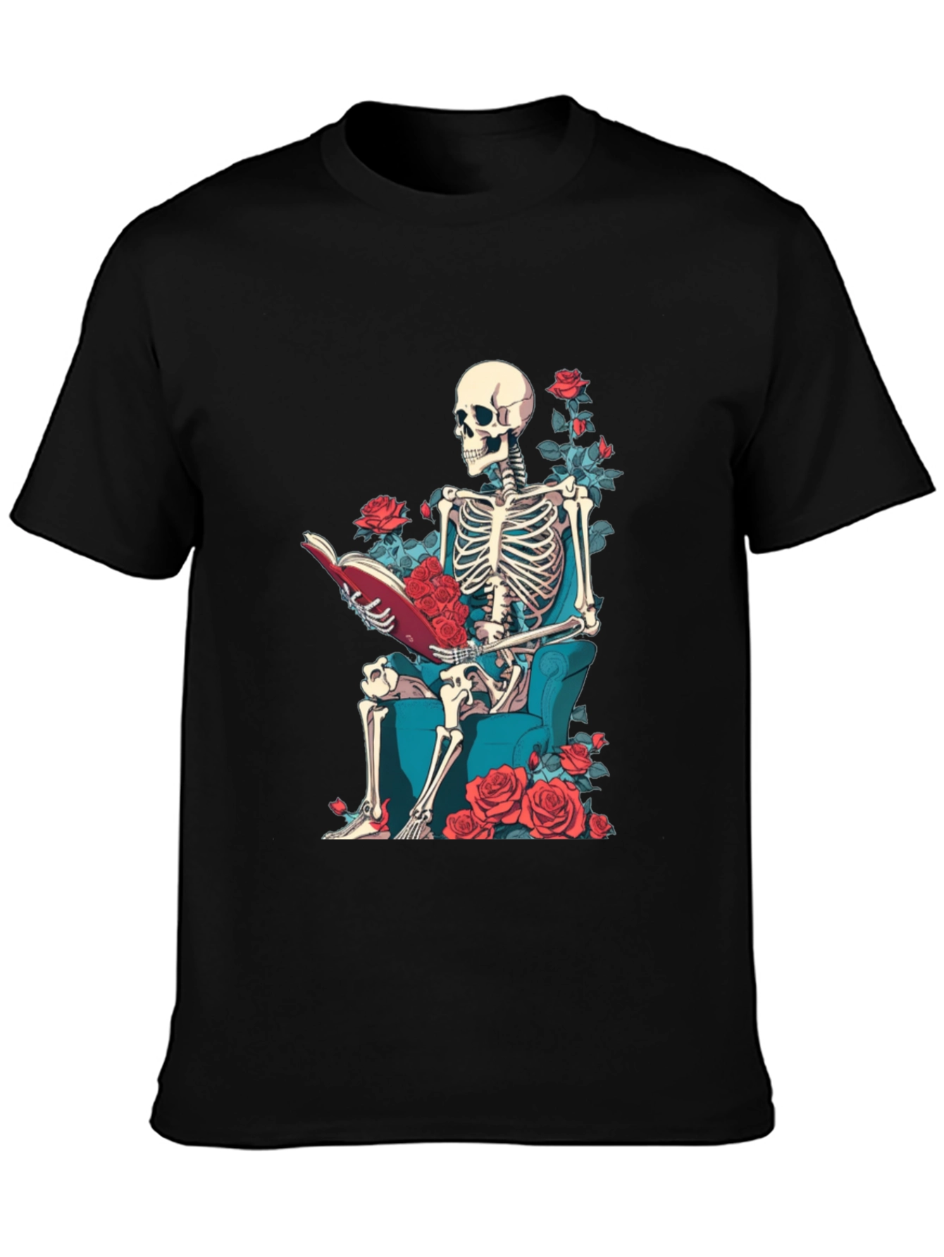 Skeleton Reading Roses T-Shirt - Artistic Design