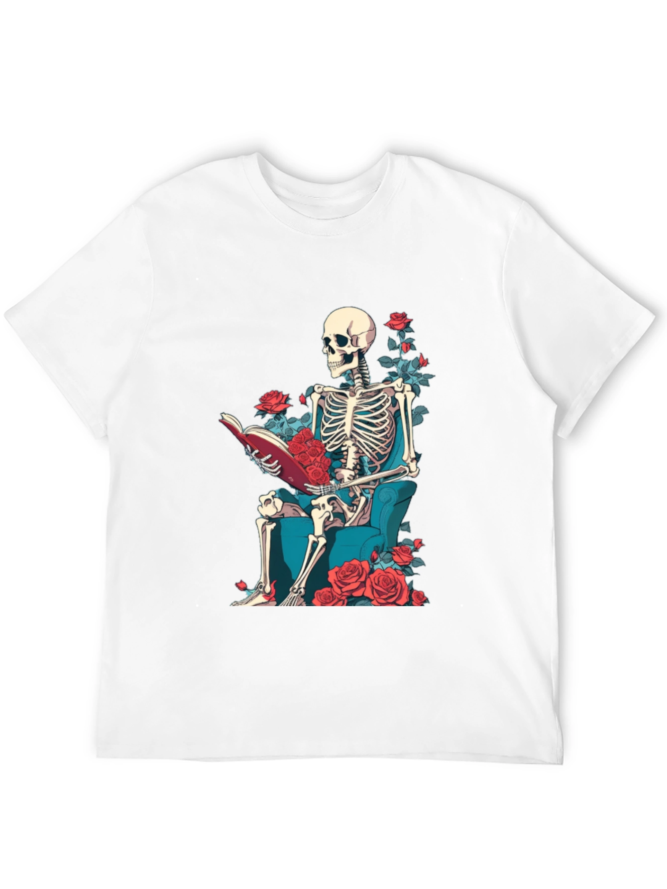 Skeleton Reading Roses T-Shirt - Artistic Design