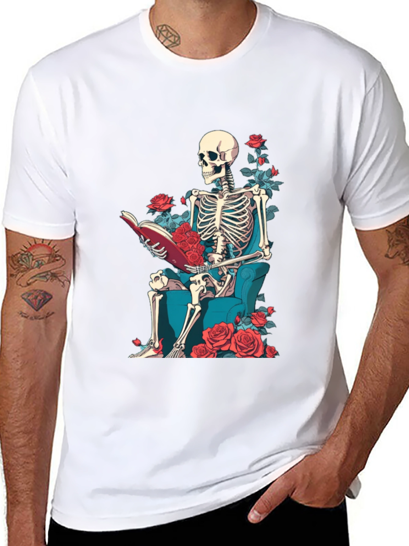 Skeleton Reading Roses T-Shirt - Artistic Design