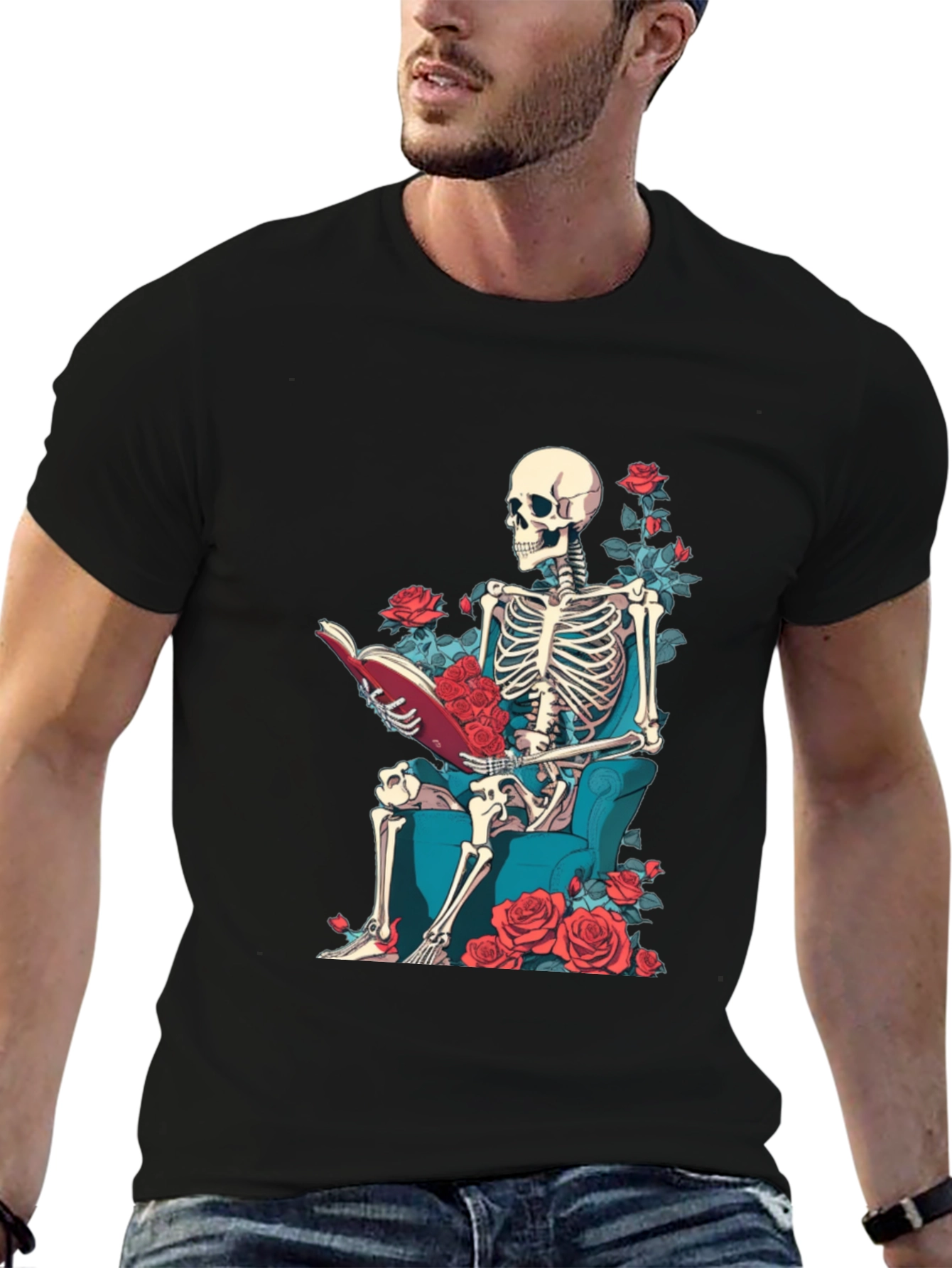 Skeleton Reading Roses T-Shirt - Artistic Design