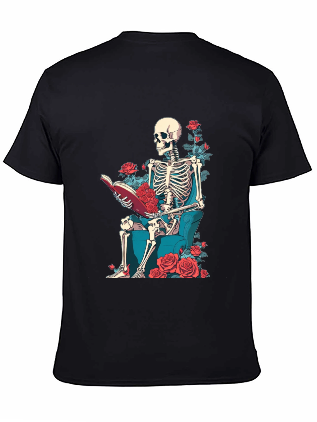 Skeleton Reading Roses T-Shirt - Artistic Design