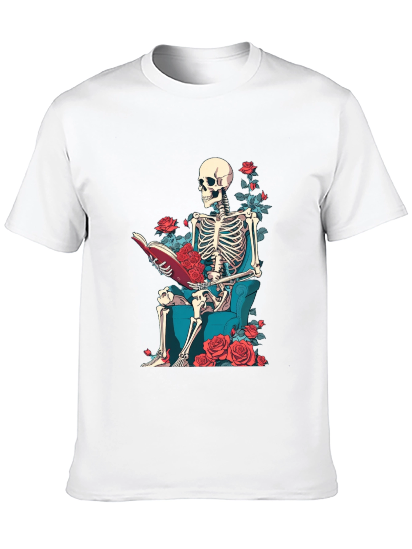 Skeleton Reading Roses T-Shirt - Artistic Design