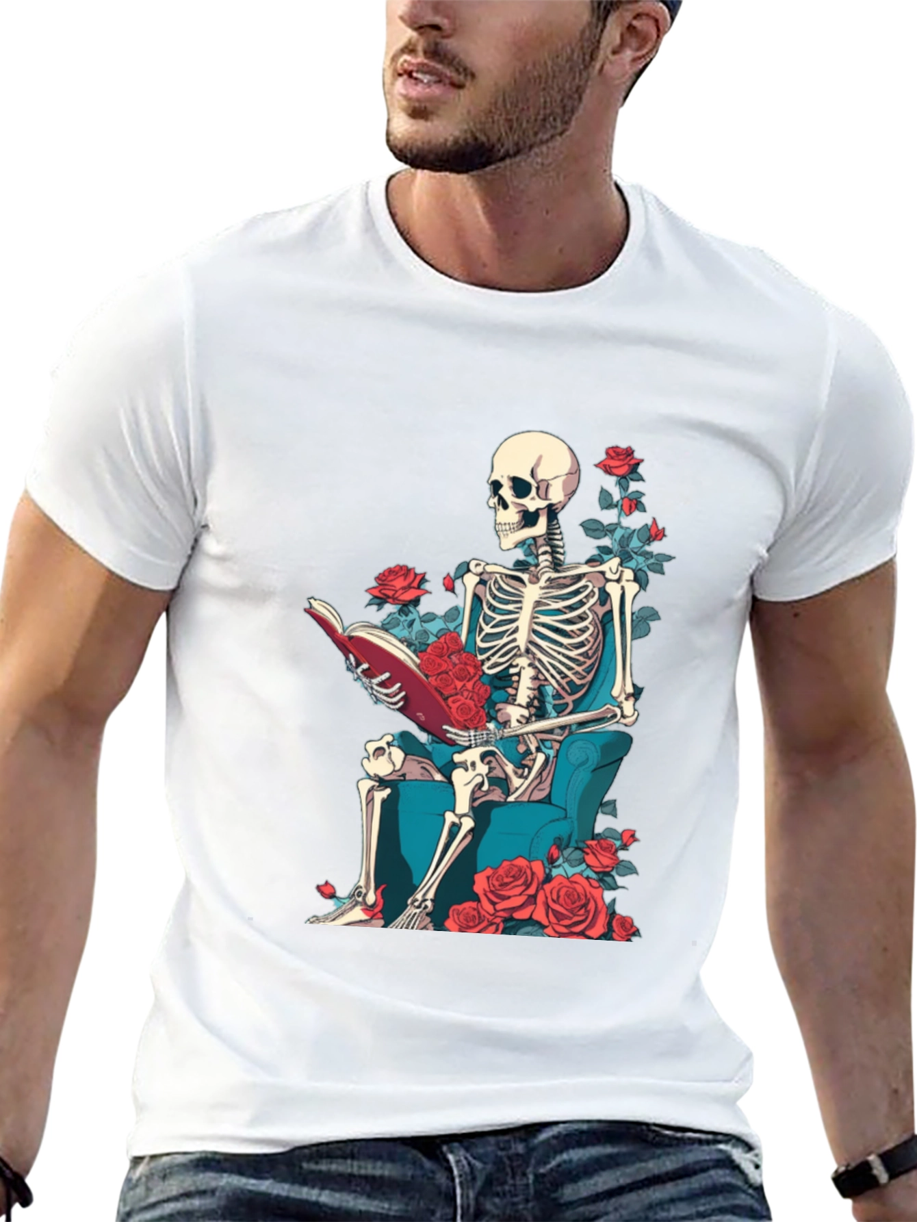 Skeleton Reading Roses T-Shirt - Artistic Design