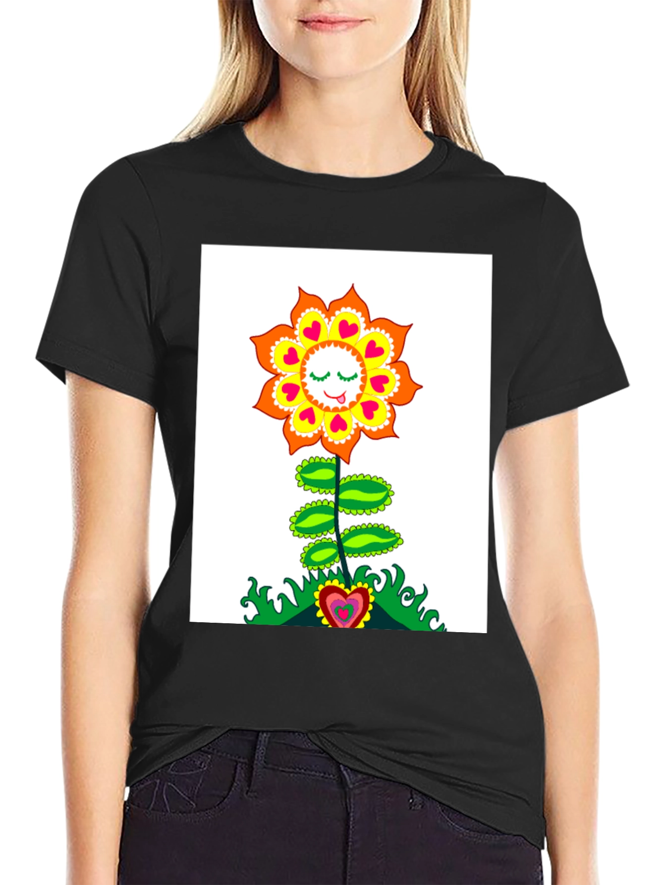 Groovy Heart Flower Graphic Tee - Black