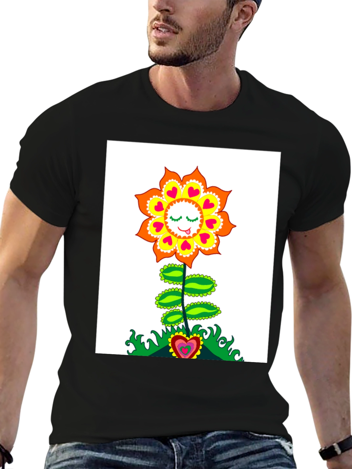 Groovy Heart Flower Graphic Tee - Black