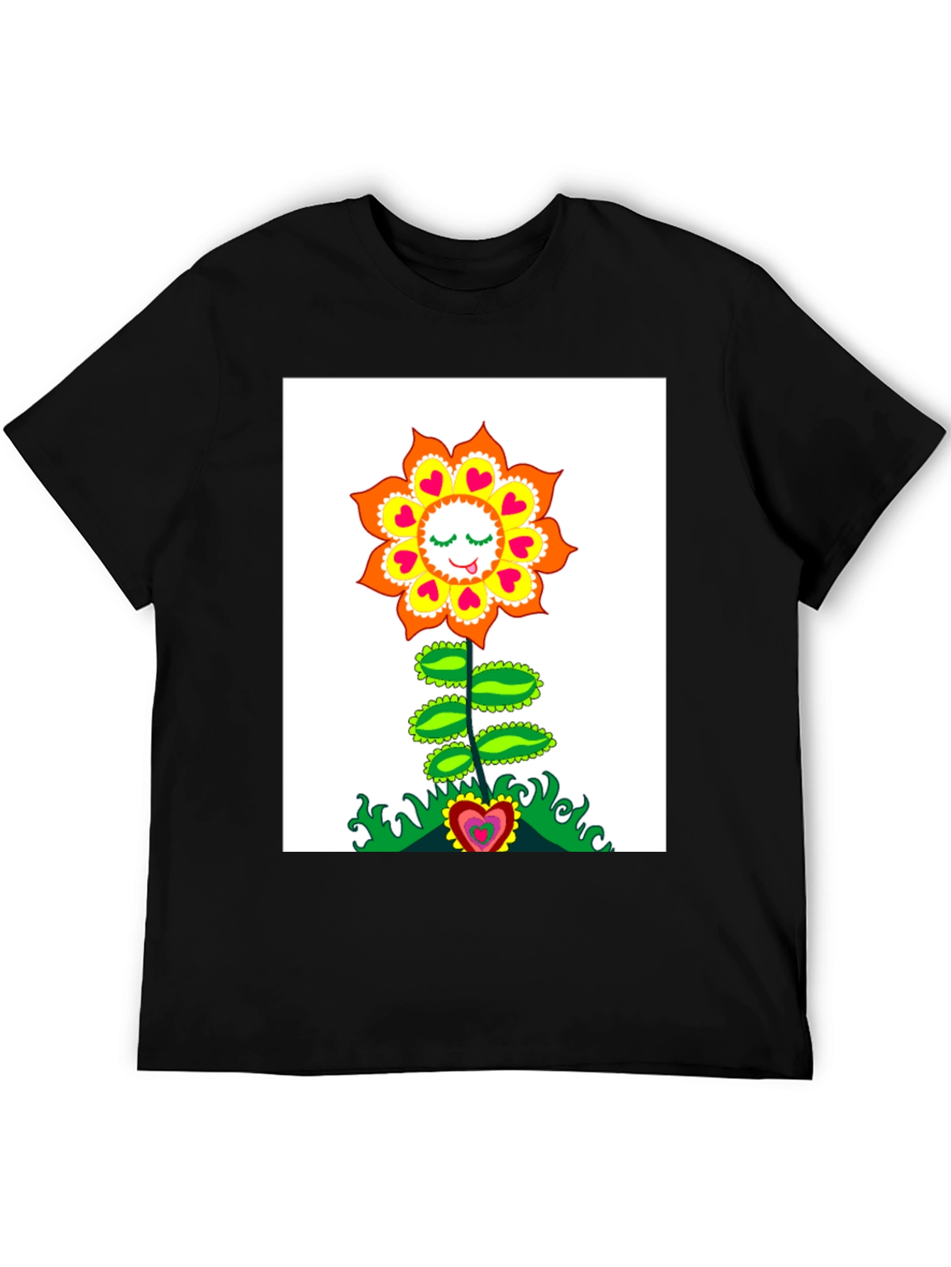 Groovy Heart Flower Graphic Tee - Black