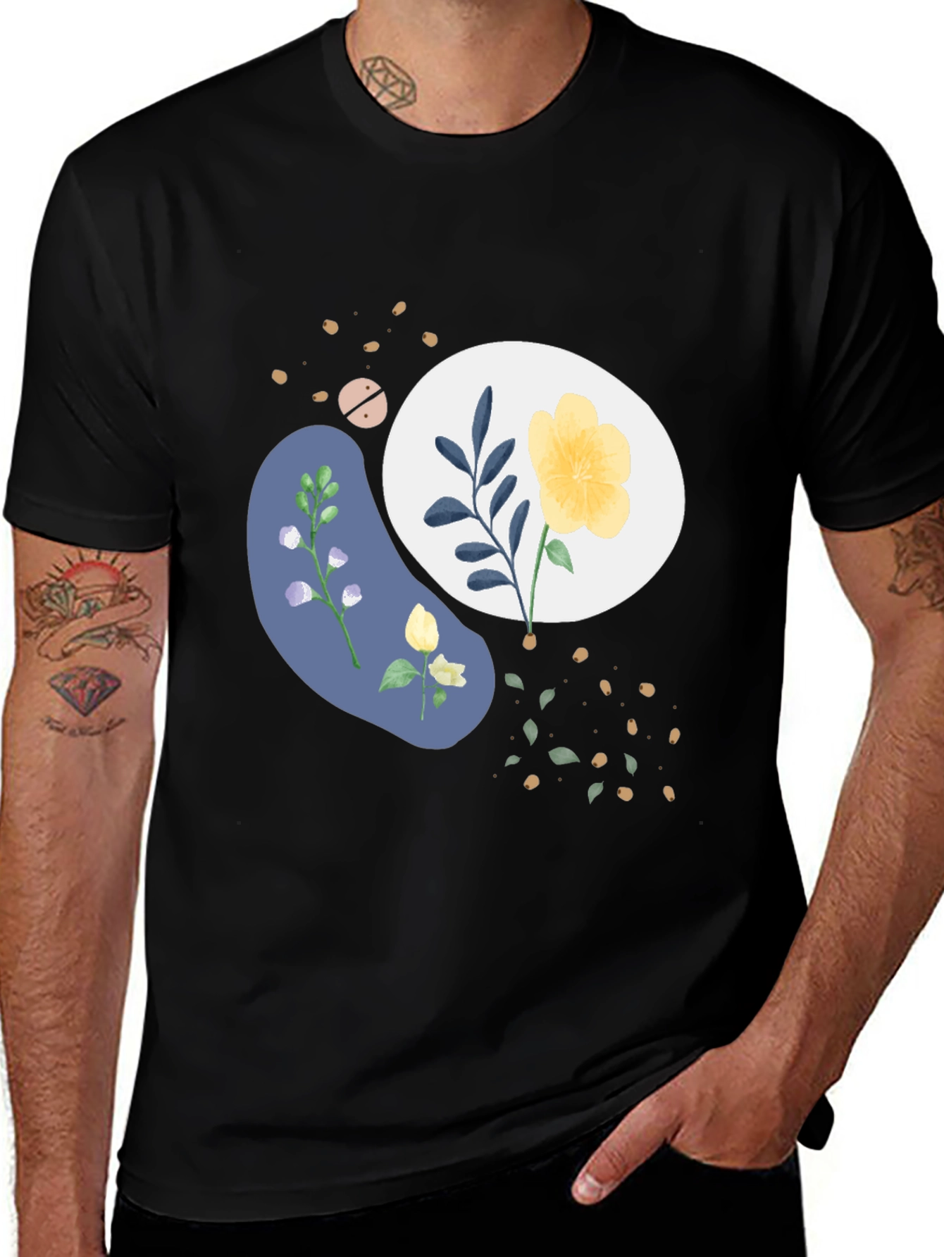 Abstract Floral Print Mens Black Tee