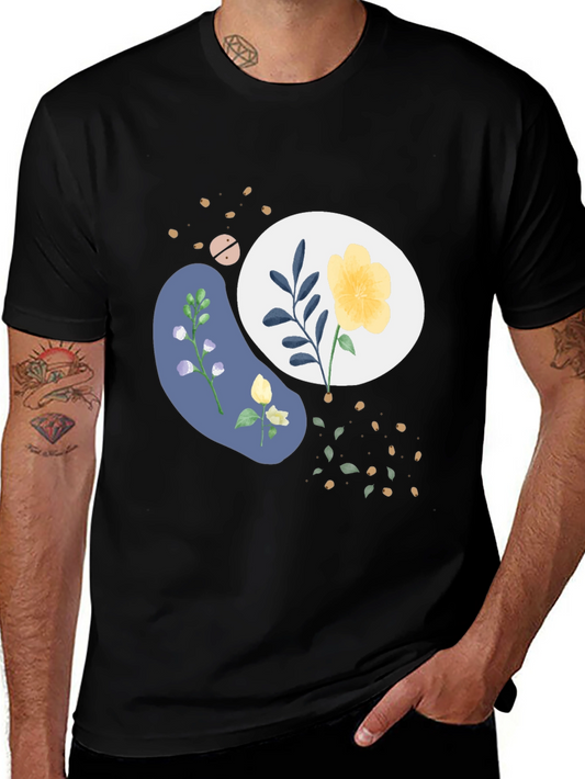 Abstract Floral Print Mens Black Tee