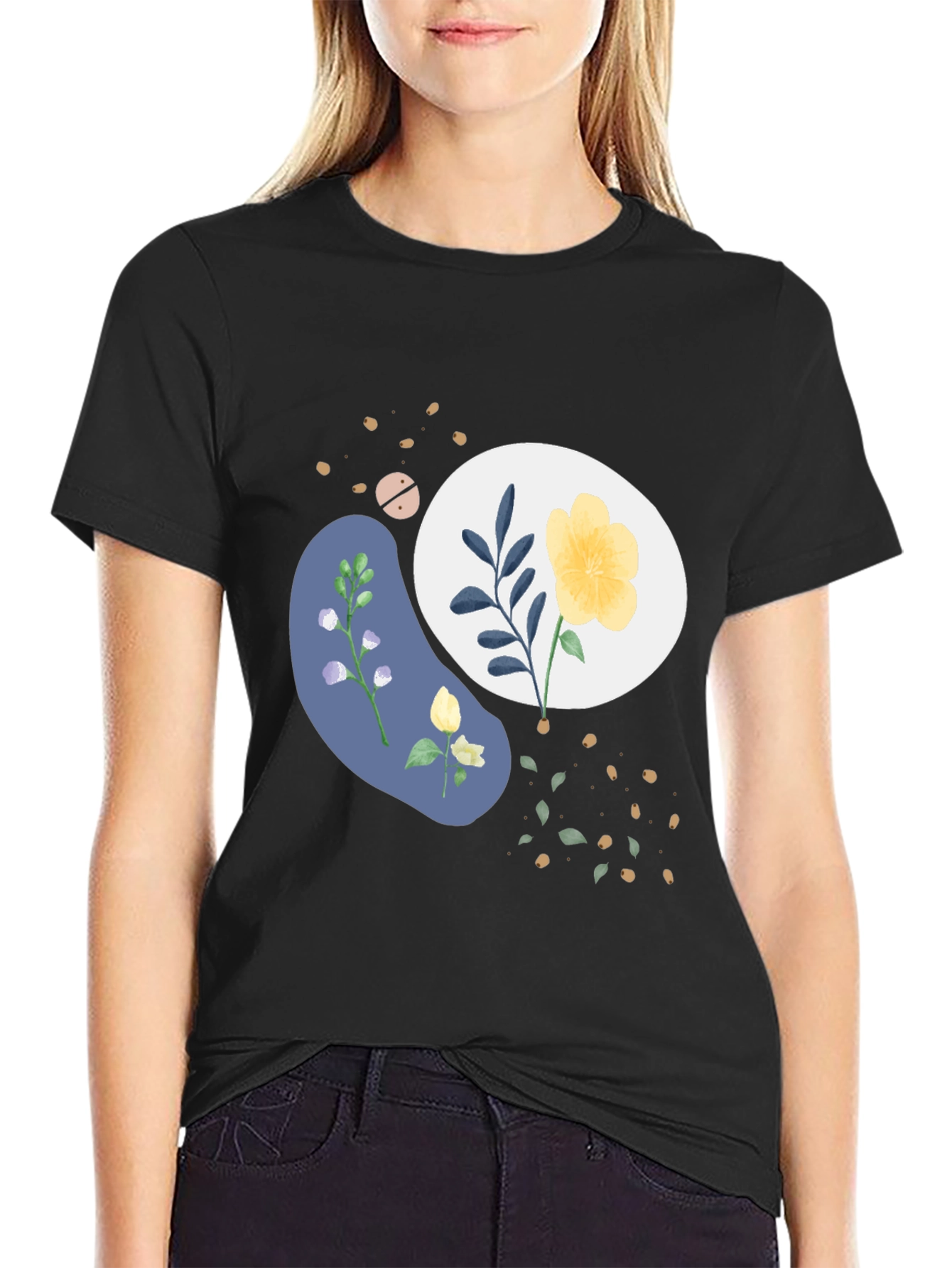 Abstract Floral Print Mens Black Tee