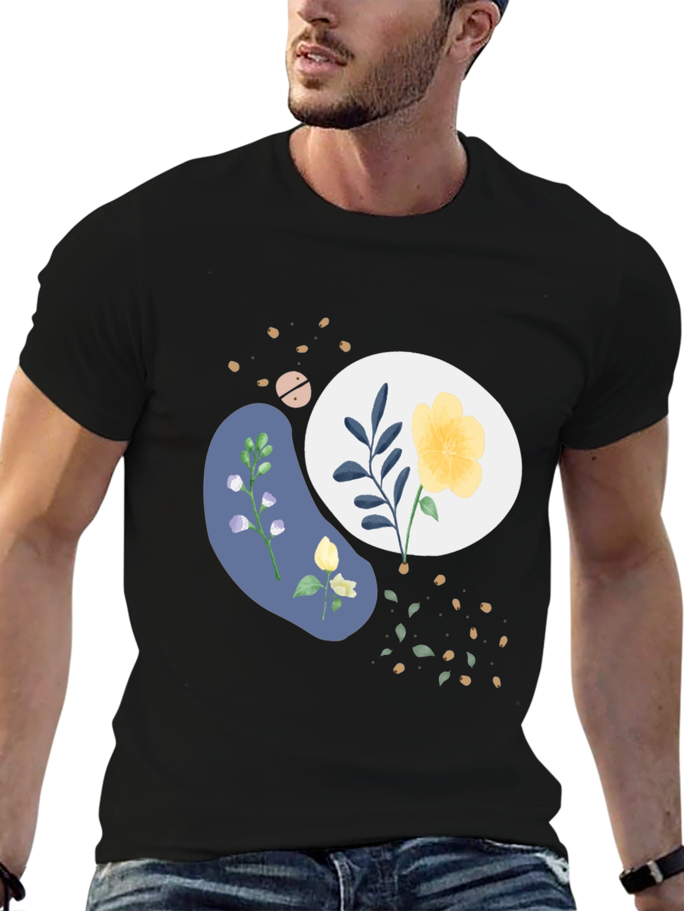 Abstract Floral Print Mens Black Tee