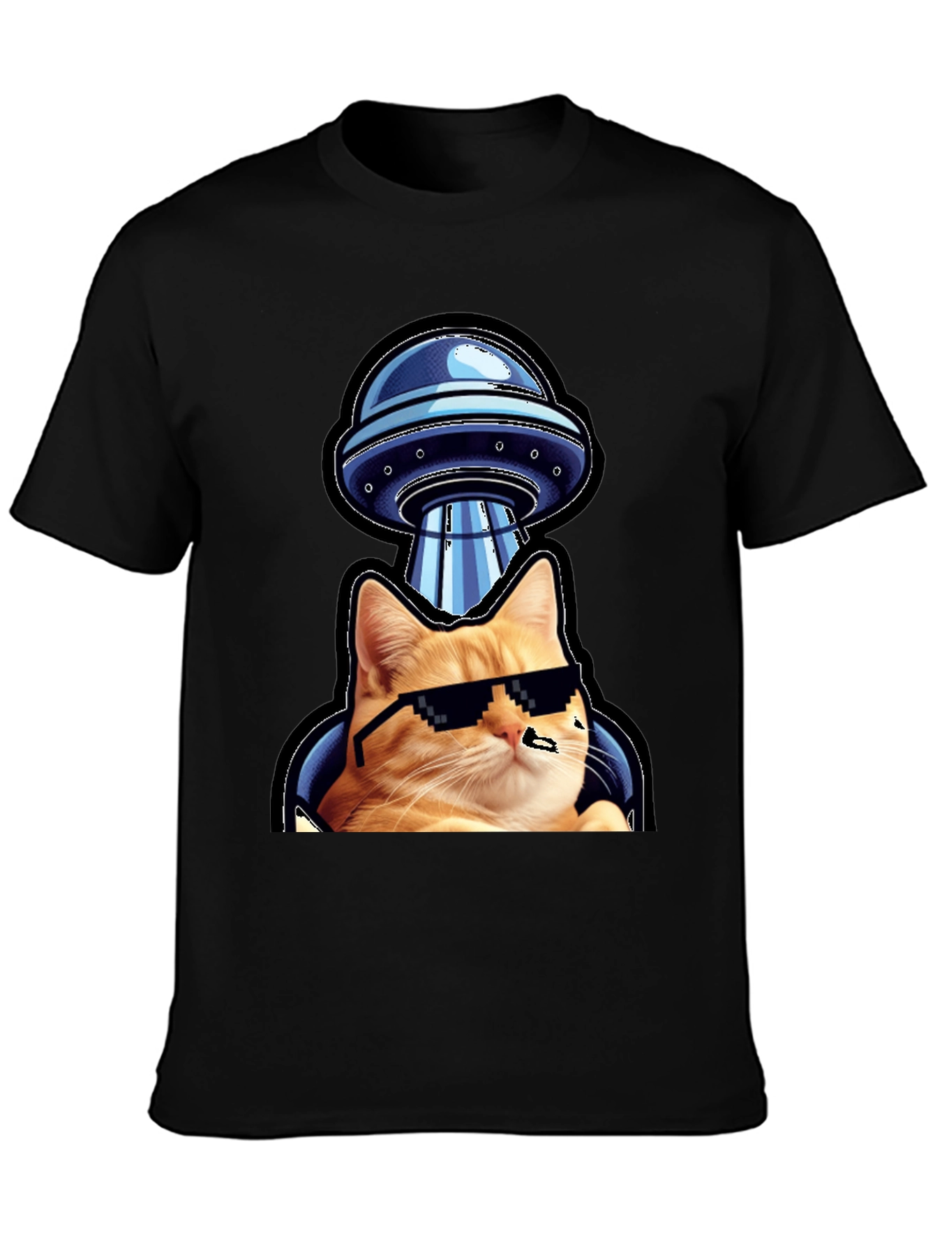 Cool Cat UFO Abduction Black T-Shirt