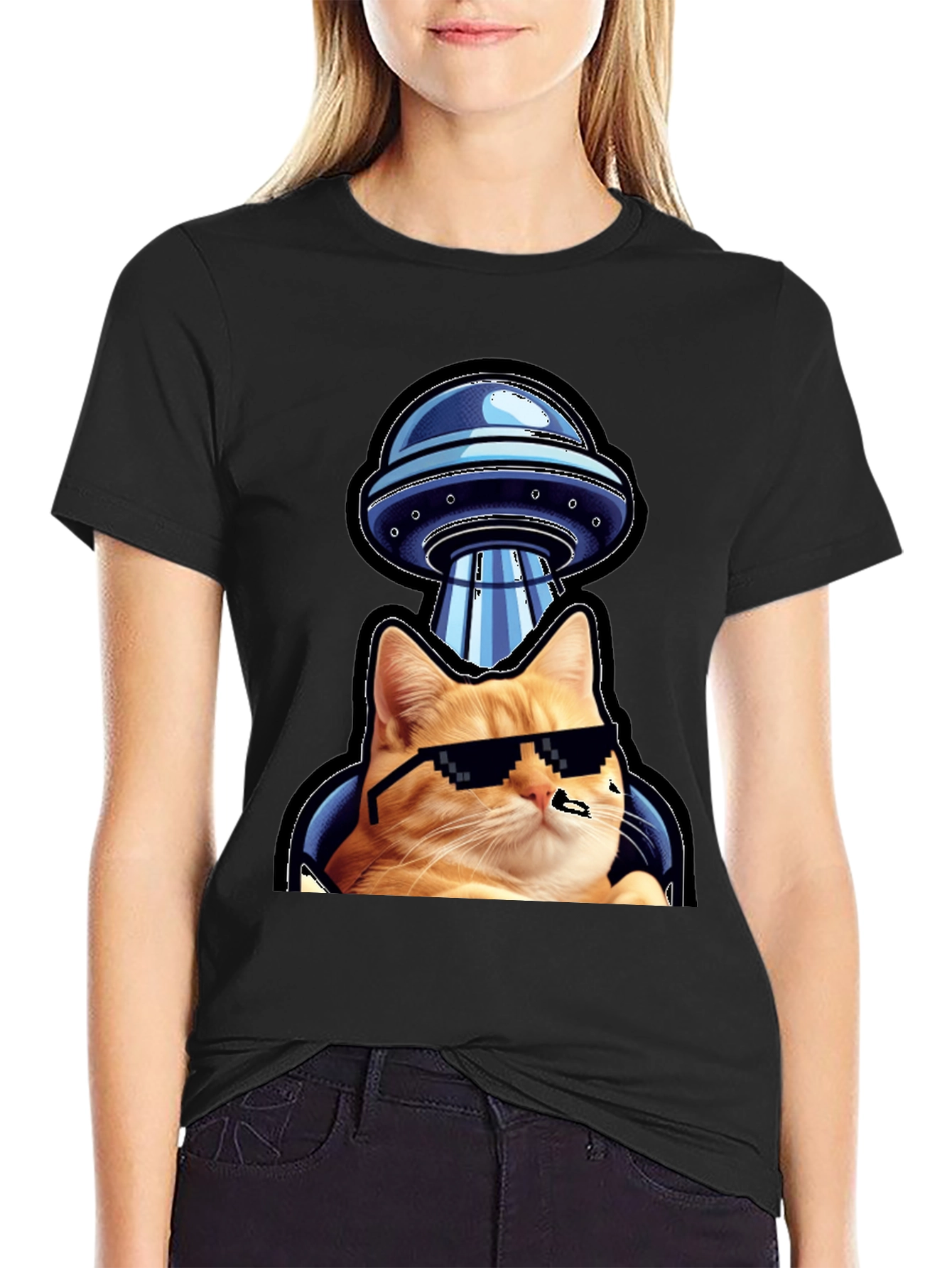 Cool Cat UFO Abduction Black T-Shirt