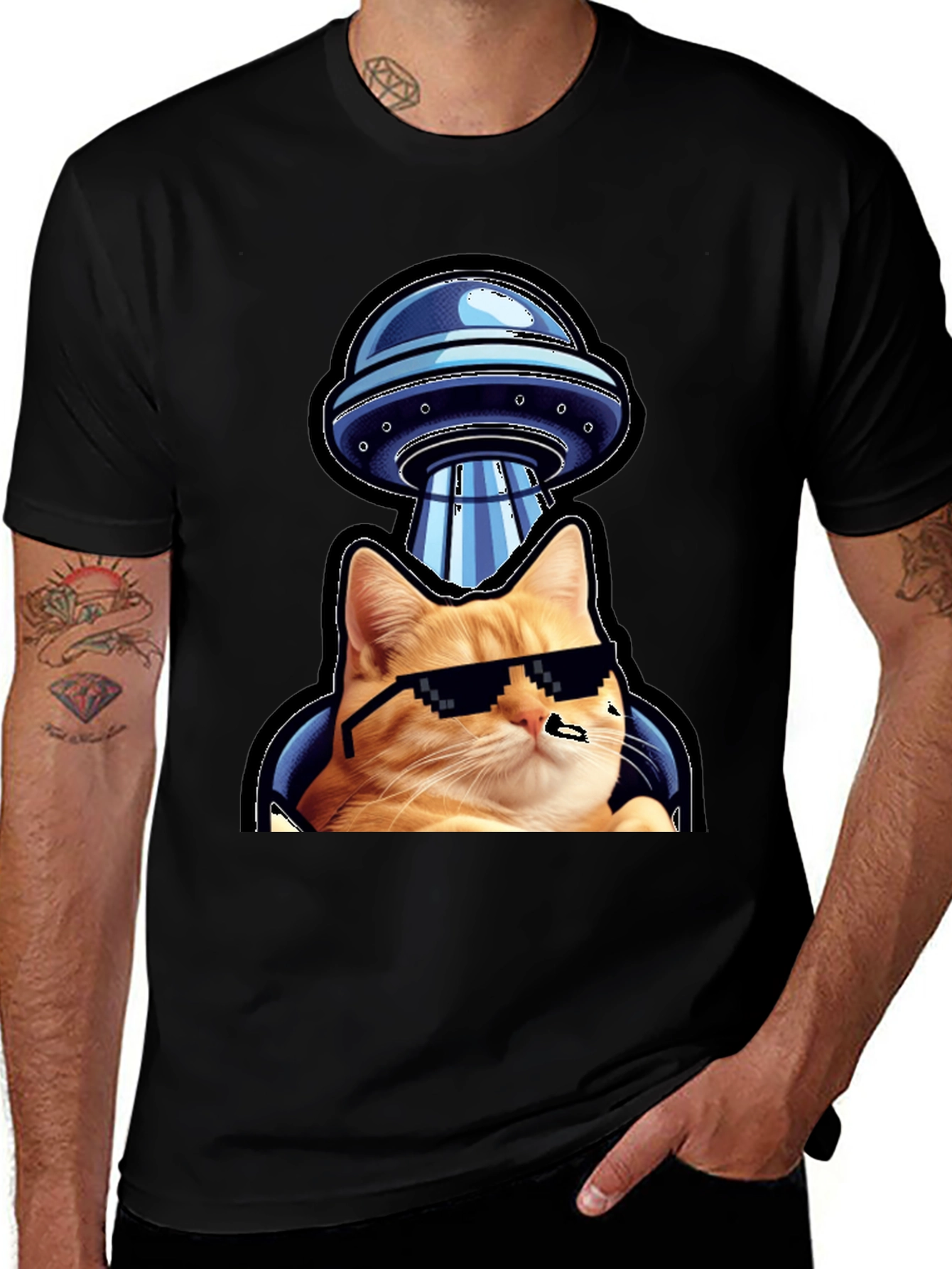 Cool Cat UFO Abduction Black T-Shirt