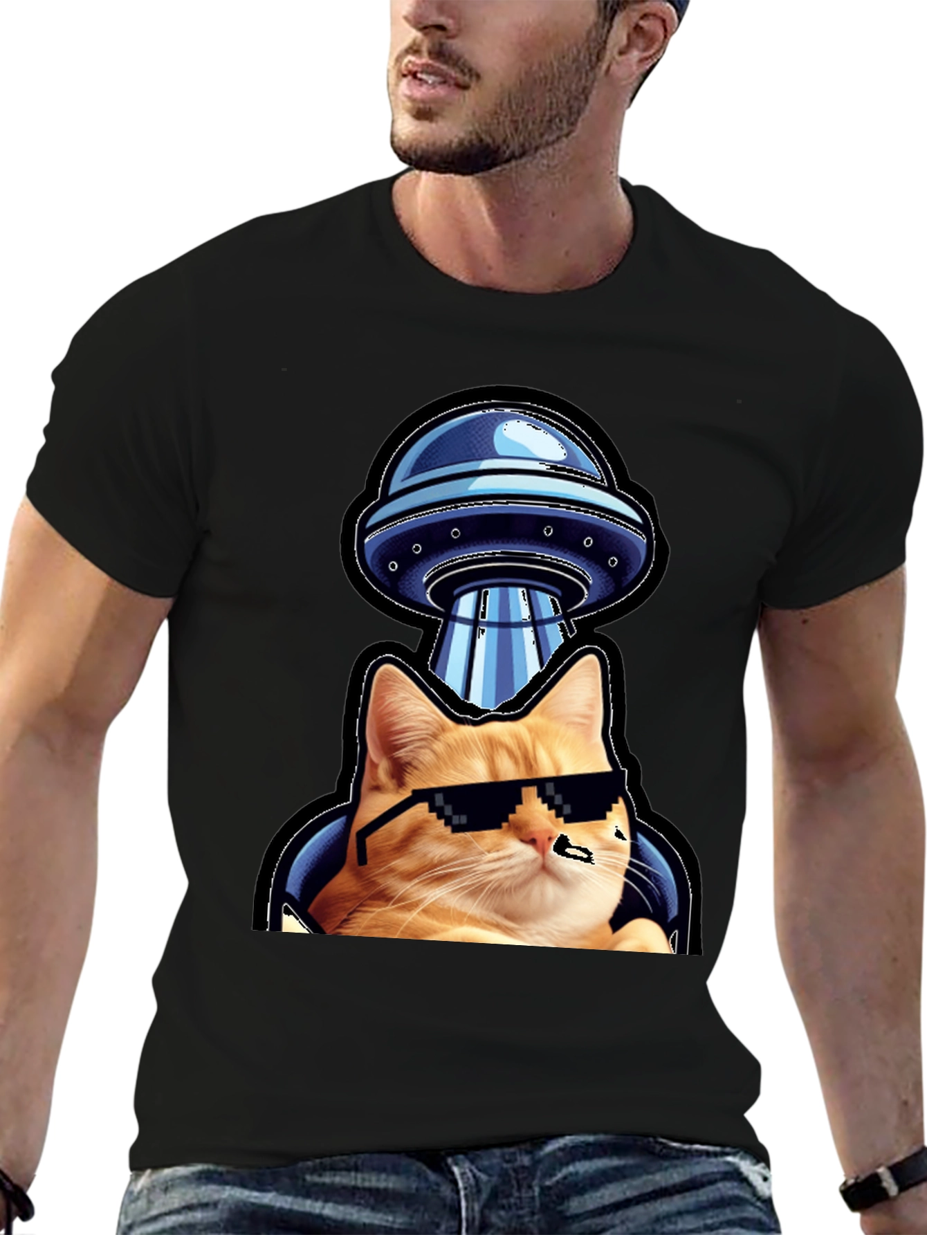 Cool Cat UFO Abduction Black T-Shirt