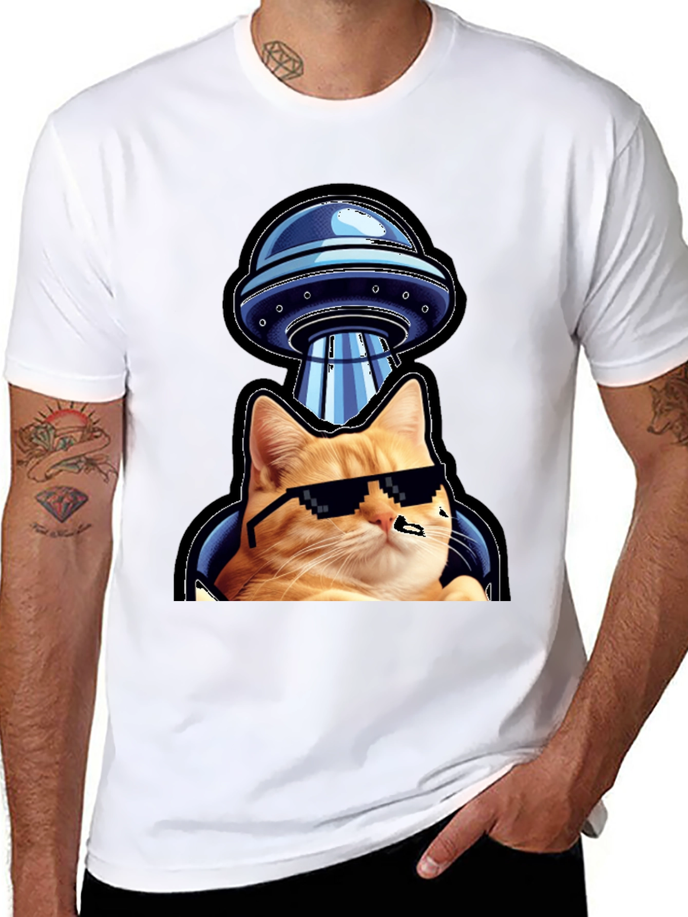 Cool Cat UFO Abduction Black T-Shirt