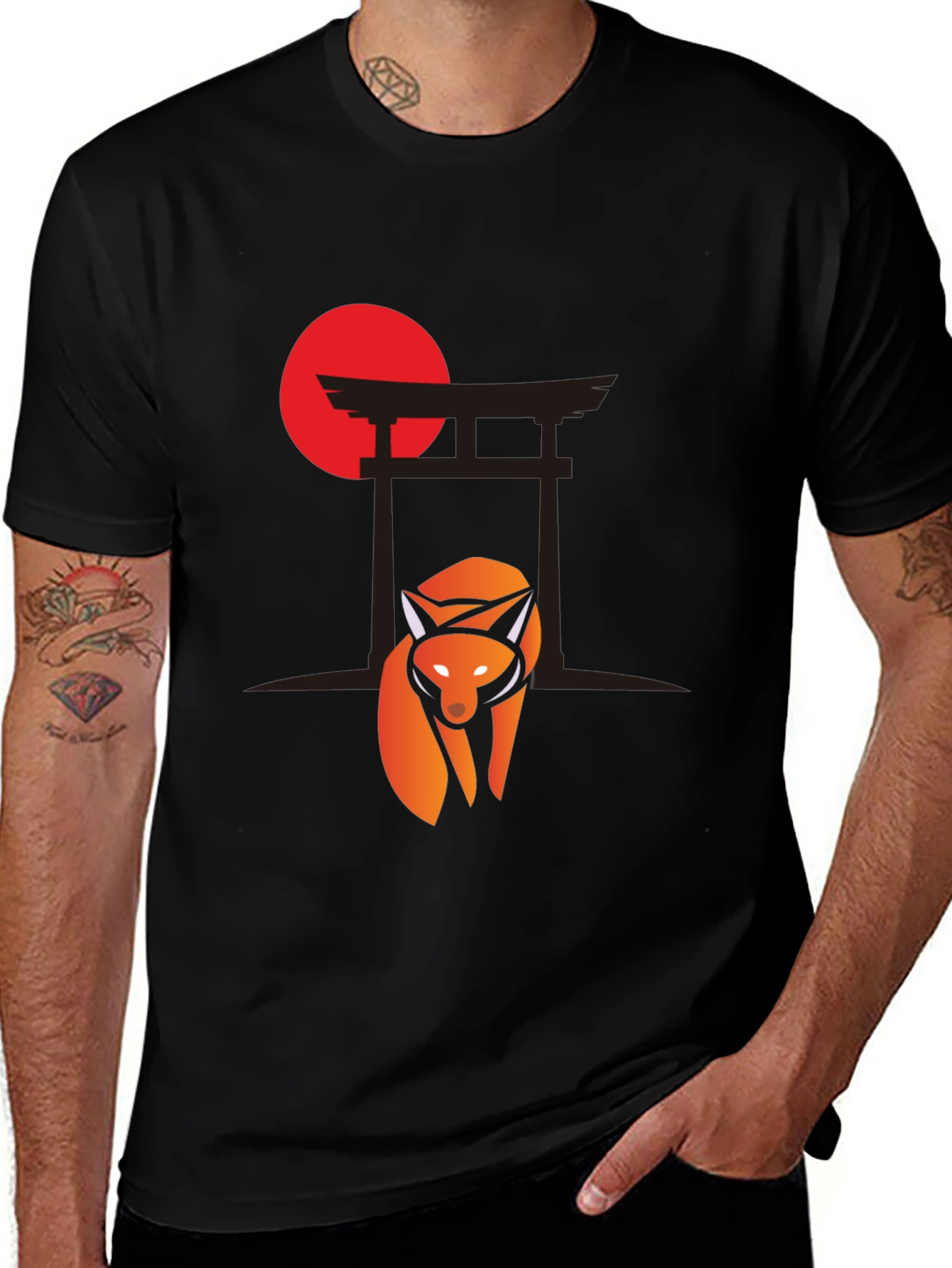 Fox and Torii Gate Graphic Tee - Black