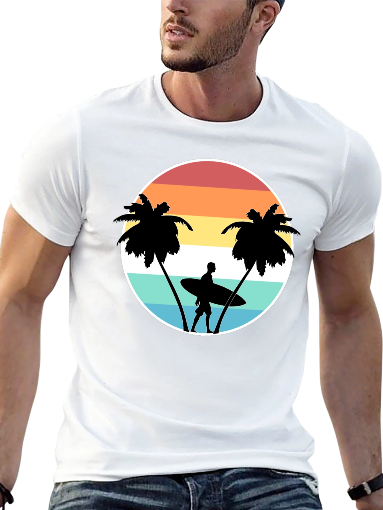 Retro Surfer Tee: Sunset Palm Tree Graphic