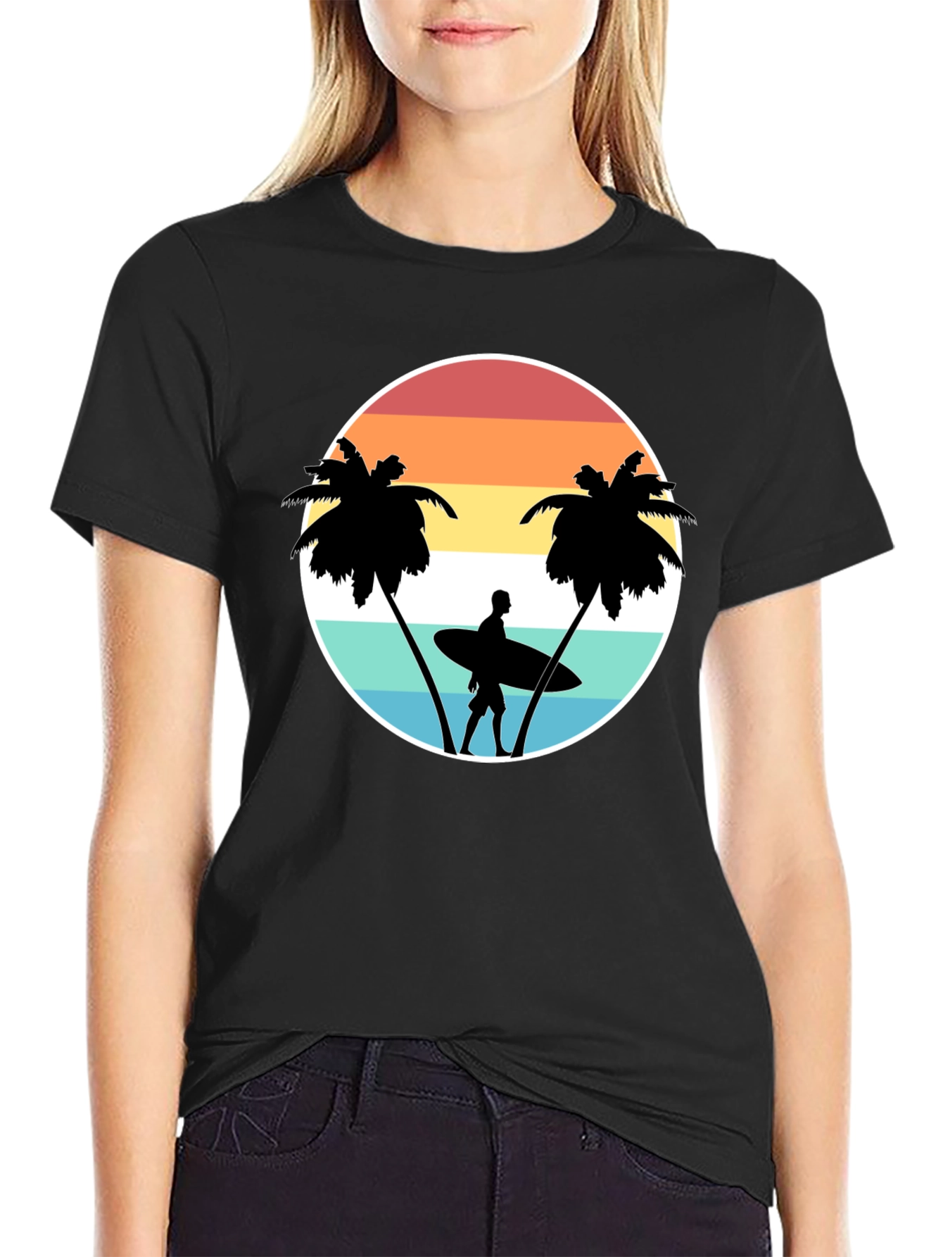 Retro Surfer Tee: Sunset Palm Tree Graphic