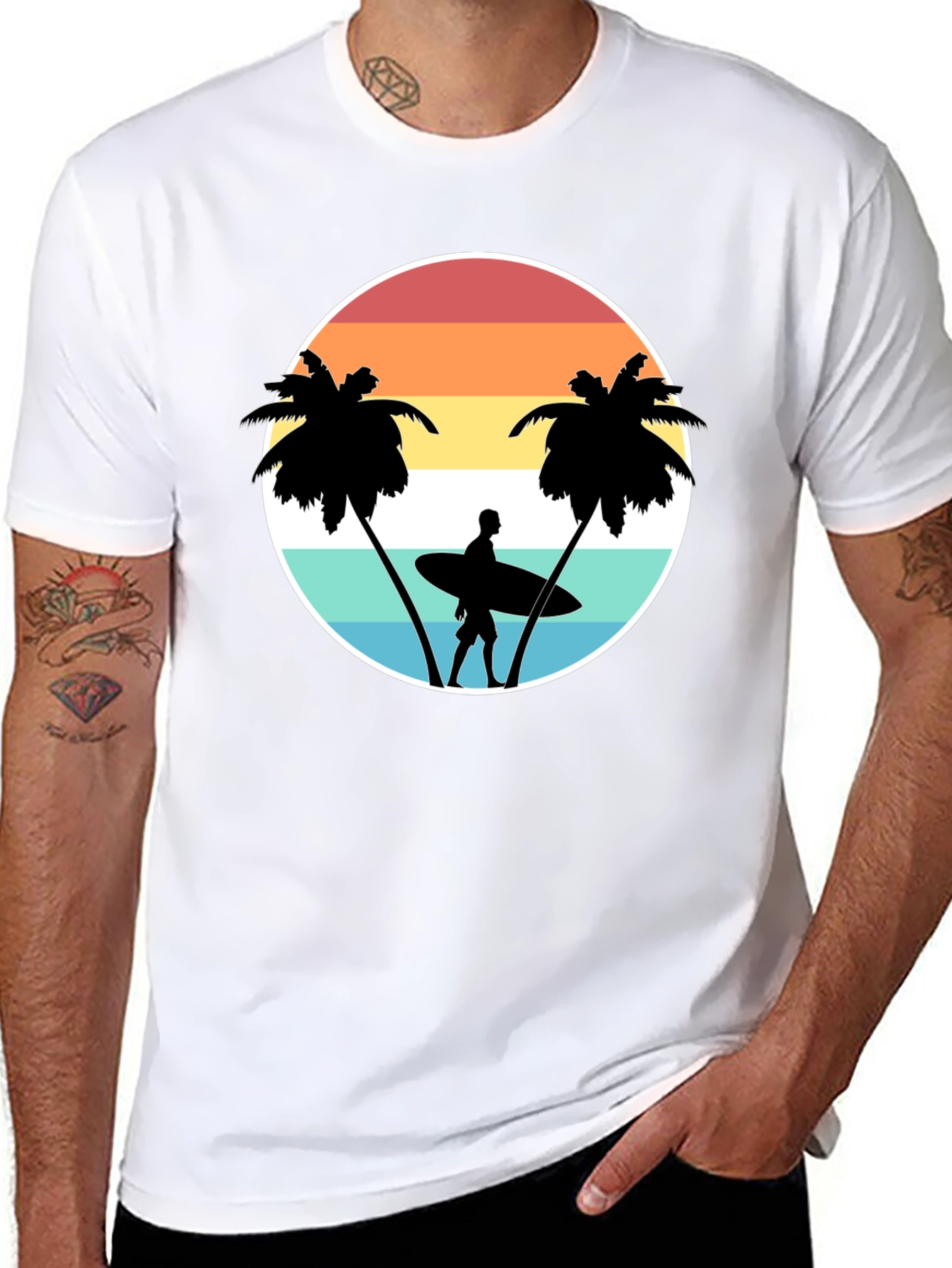 Retro Surfer Tee: Sunset Palm Tree Graphic