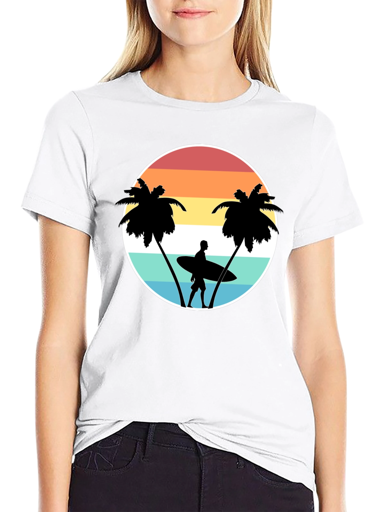 Retro Surfer Tee: Sunset Palm Tree Graphic