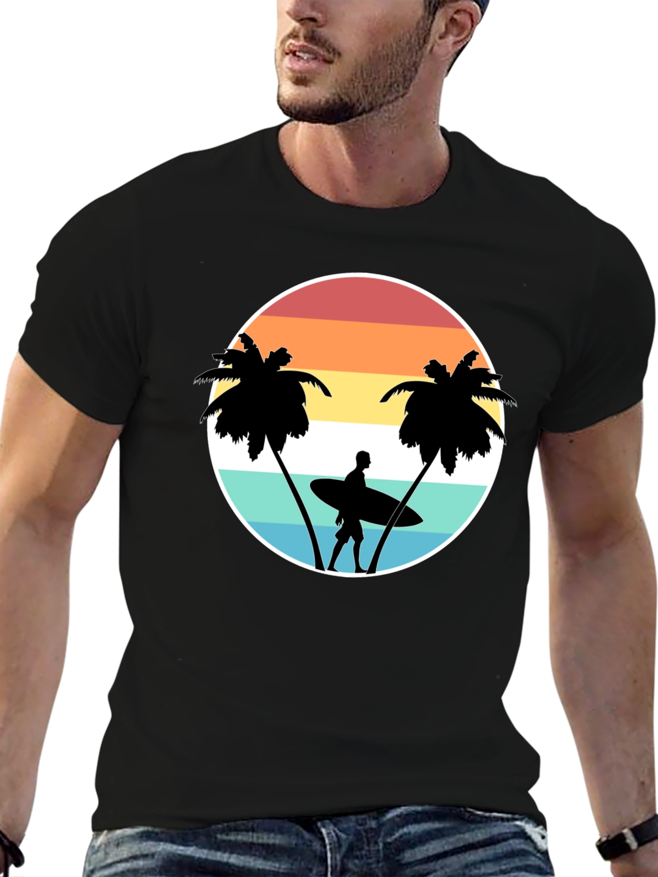 Retro Surfer Tee: Sunset Palm Tree Graphic