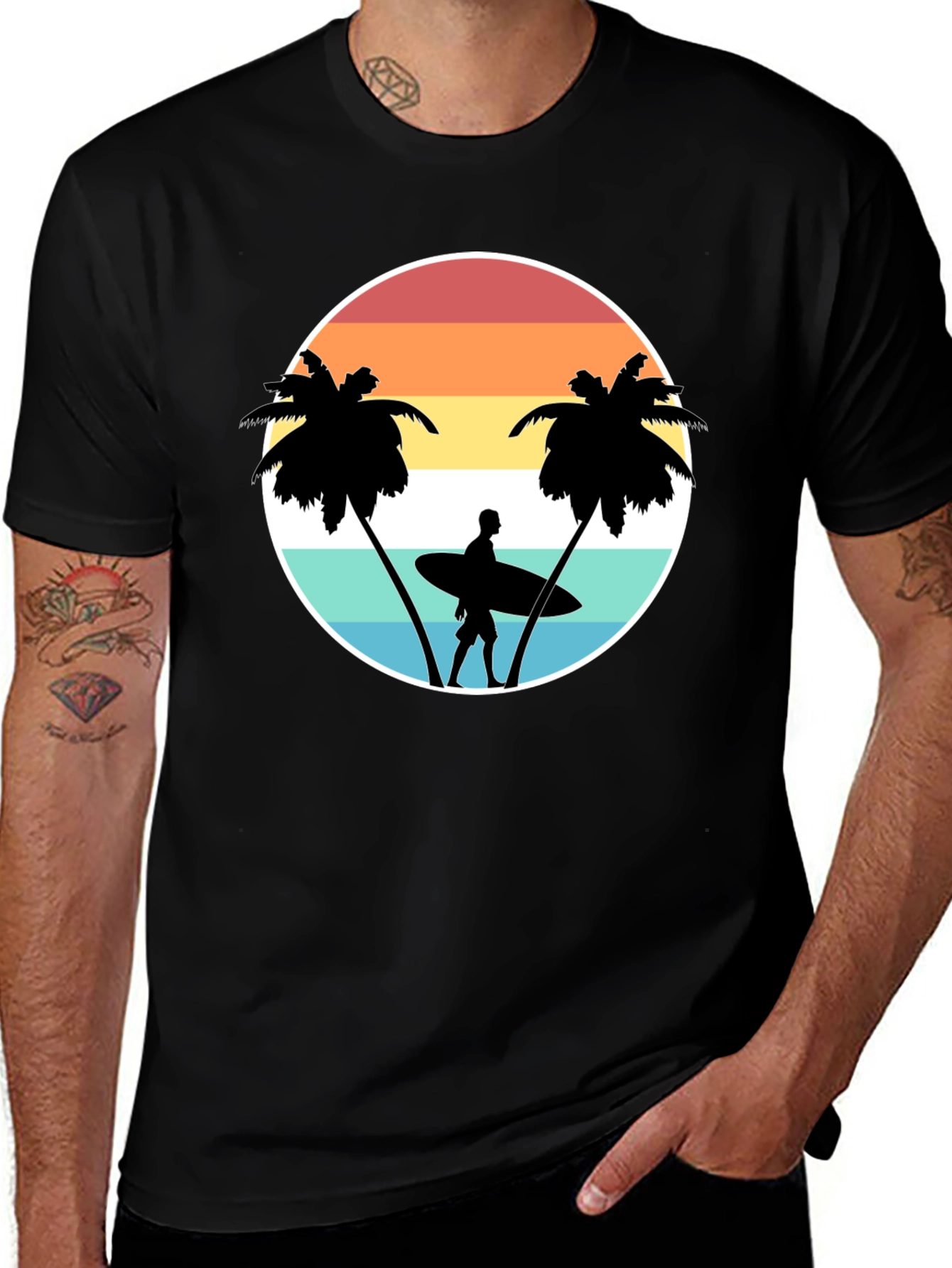 Retro Surfer Tee: Sunset Palm Tree Graphic