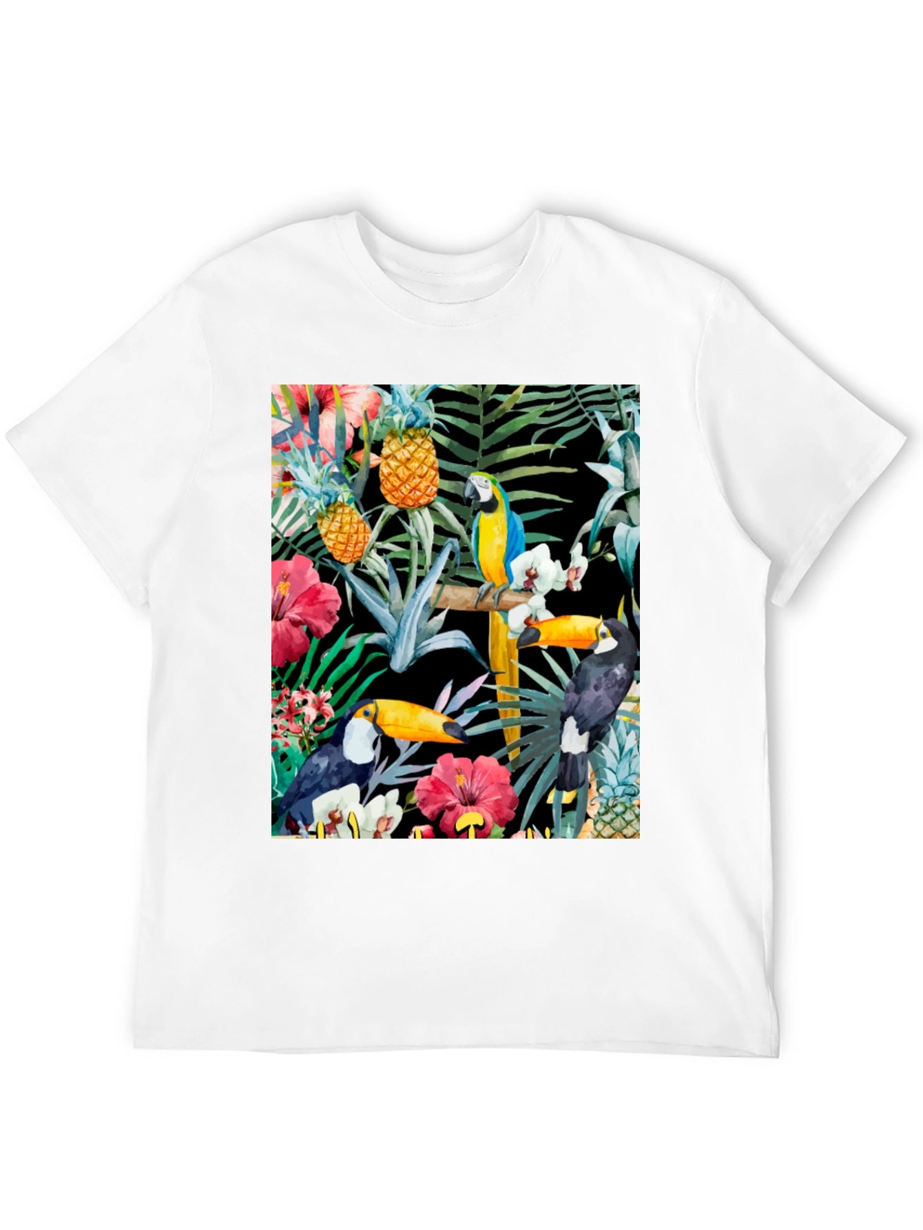 Tropical Toucan & Parrot Print Black T-Shirt
