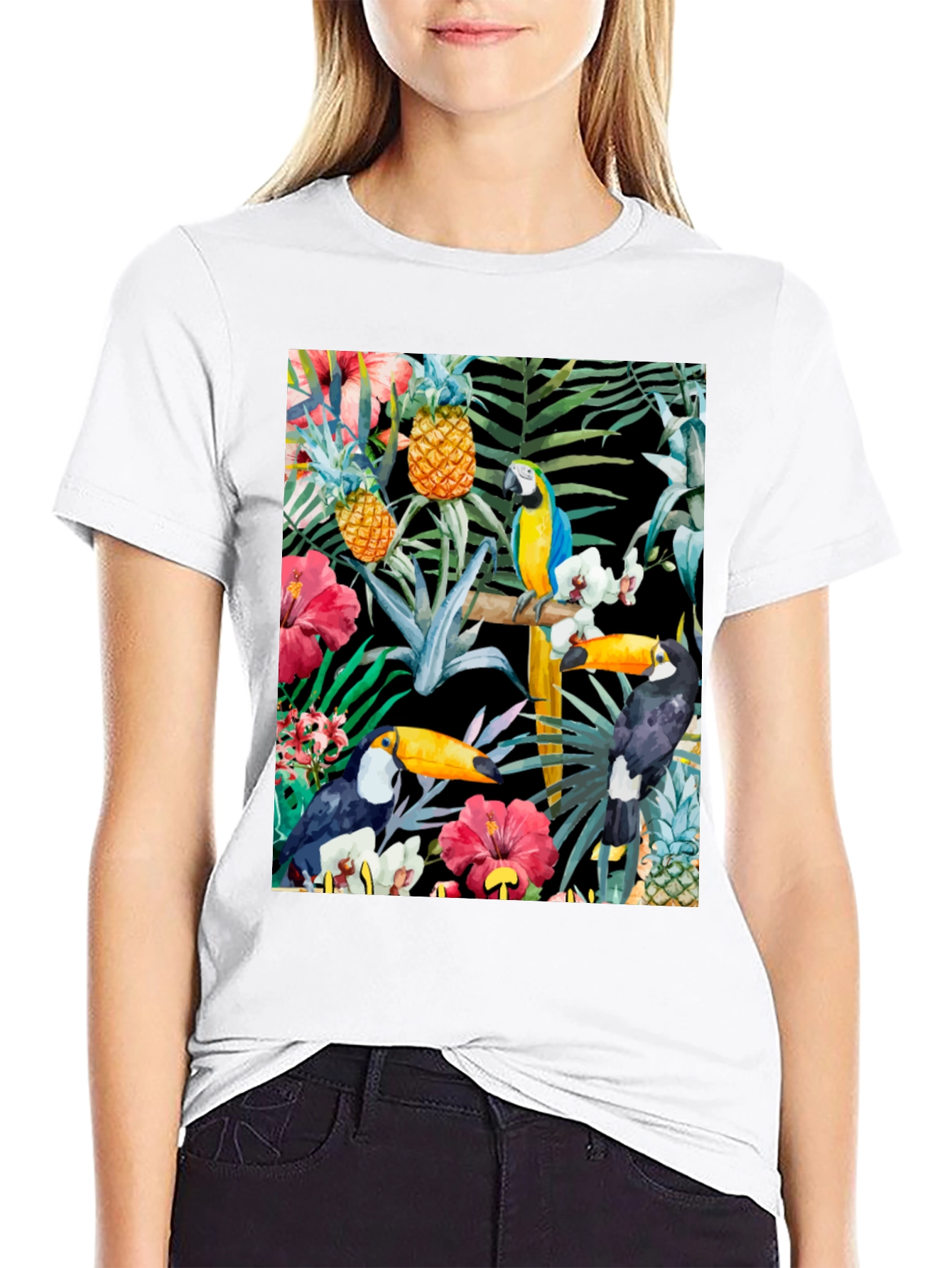 Tropical Toucan & Parrot Print Black T-Shirt