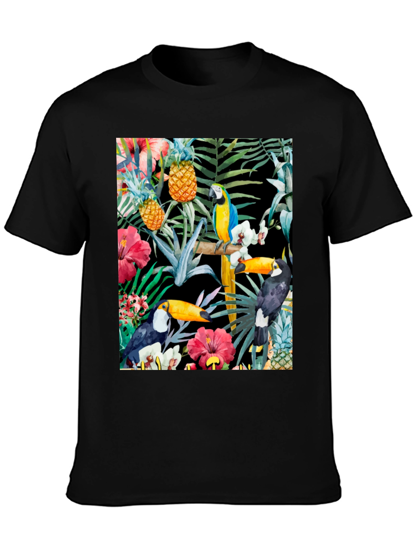 Tropical Toucan & Parrot Print Black T-Shirt