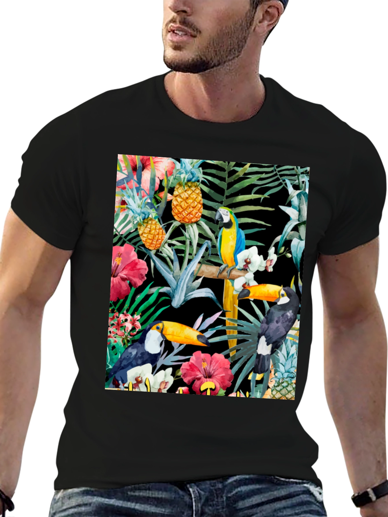 Tropical Toucan & Parrot Print Black T-Shirt