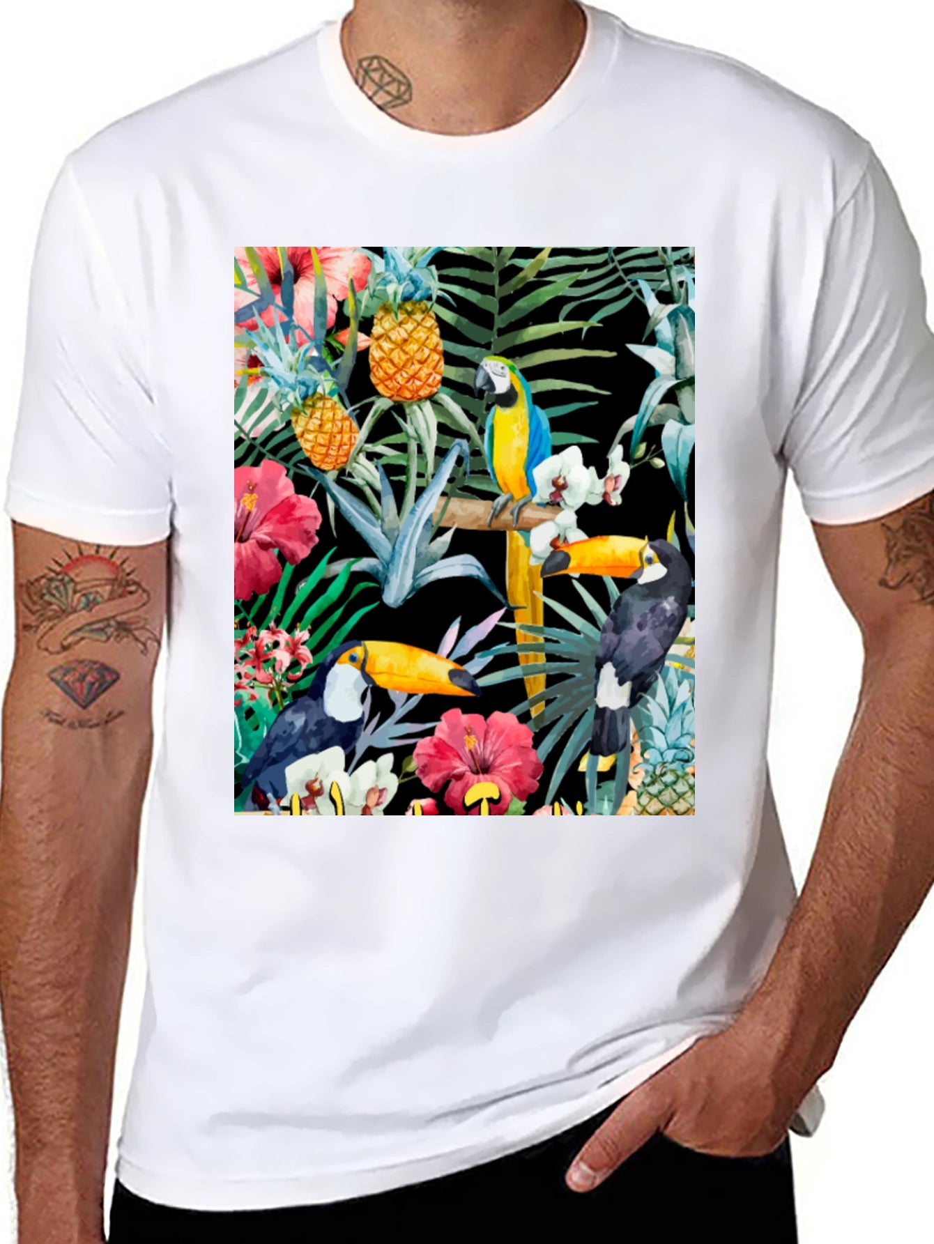 Tropical Toucan & Parrot Print Black T-Shirt
