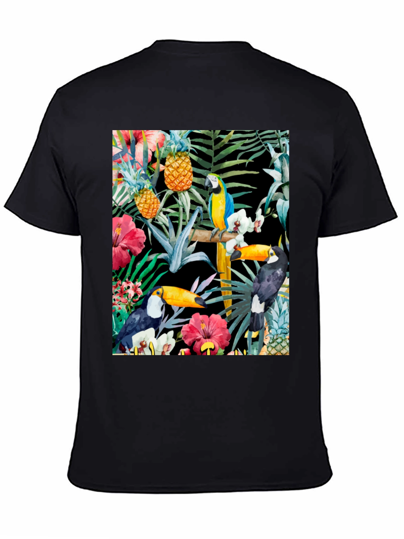 Tropical Toucan & Parrot Print Black T-Shirt