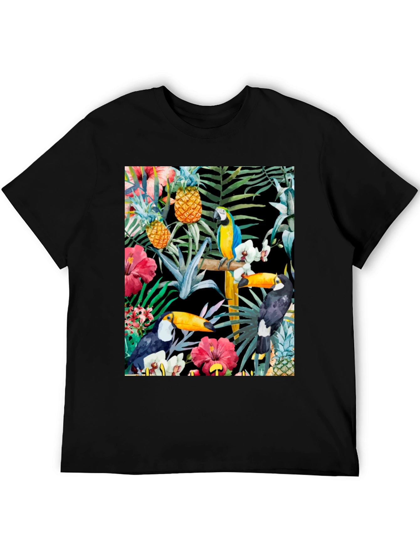 Tropical Toucan & Parrot Print Black T-Shirt