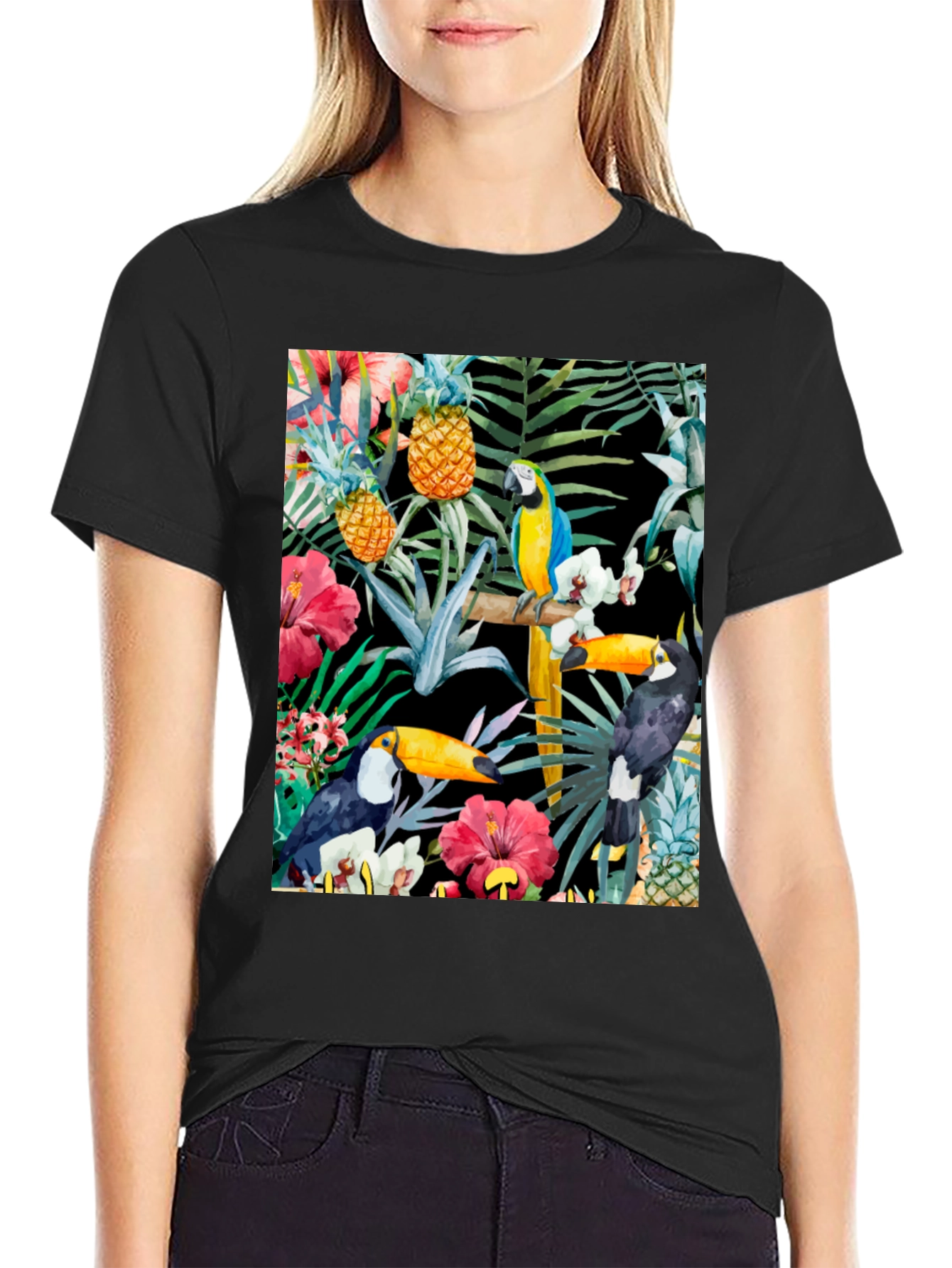 Tropical Toucan & Parrot Print Black T-Shirt